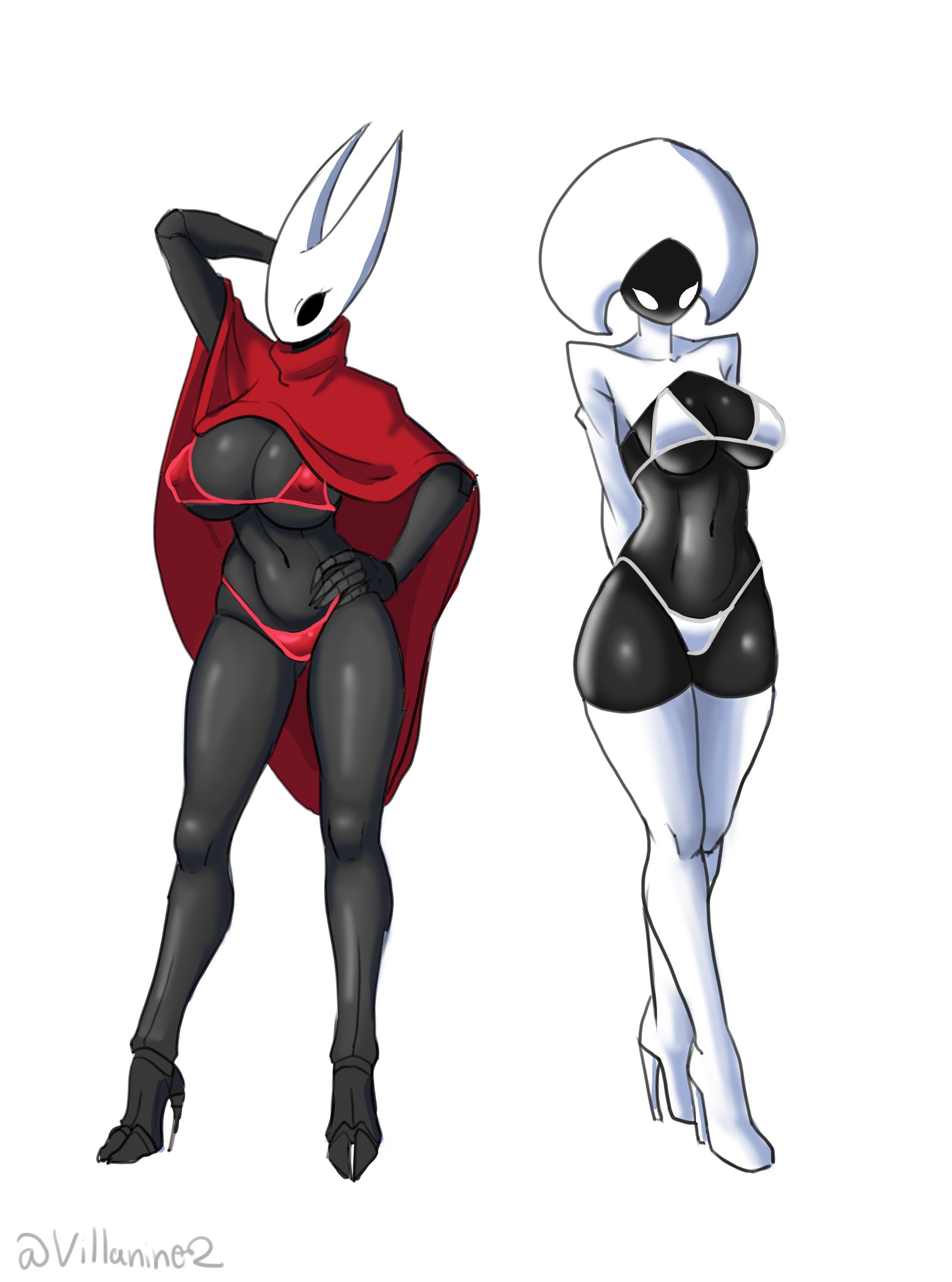 big breasts, bikini, black skin, high heels, hollow knight, hollow knight (franchise), hollow knight: silksong, hornet (hollow knight), lace (hollow knight), thigh boots, villanine2
