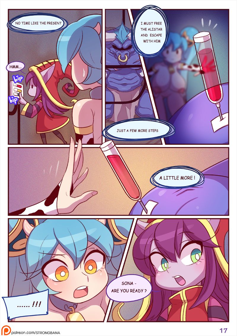 1boy, 2girls, alistar, breasts, comic, female, league of legends, lulu the fae sorceress, male, nipples, page 17, riot games, sona buvelle, strongbana, tagme, yordle
