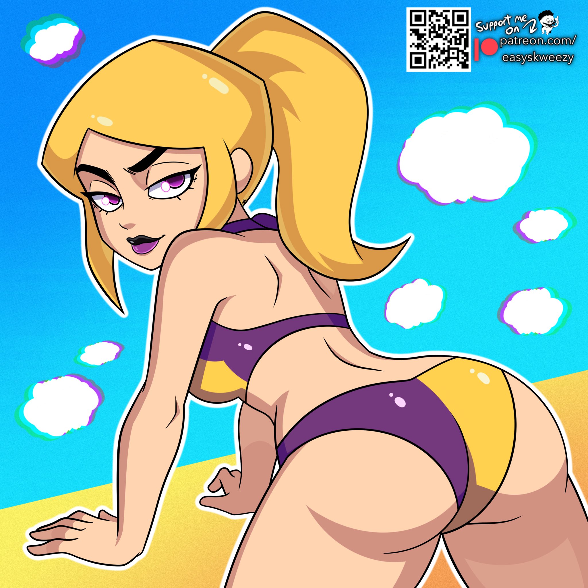 1:1, 1girls, artist name, ass, bikini, blonde hair, easyskweezy, female, female only, focus on ass, gameoverse, glitch productions, hi res, long hair, looking at viewer, looking back, miss information (gameoverse), patreon logo, ponytail, purple eyes, qr code, smile, solo, tied hair, url