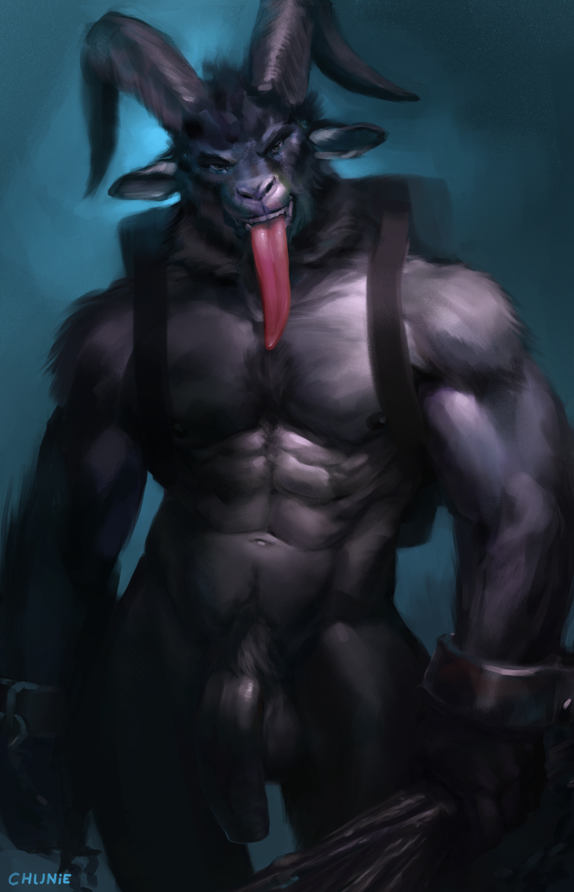 1boy, 2017, abs, anthro, artist name, balls, big penis, body fur, caprine, chains, christmas, chunie, demon, digital media (artwork), flaccid, flaccid penis, foreskin, goat, grey fur, hi res, holidays, horns, humanoid penis, krampus, long foreskin, long tongue, looking at viewer, loose foreskin, male, male nipples, male only, male pubic hair, mammal, masculine, mature male, muscles, muscular, muscular male, navel, nipples, nude, nude male, open mouth, pecs, penis, pubes, pubic hair, solo, standing, teeth, tongue, tongue out, uncircumcised, uncut, unretracted foreskin, vein, veiny penis