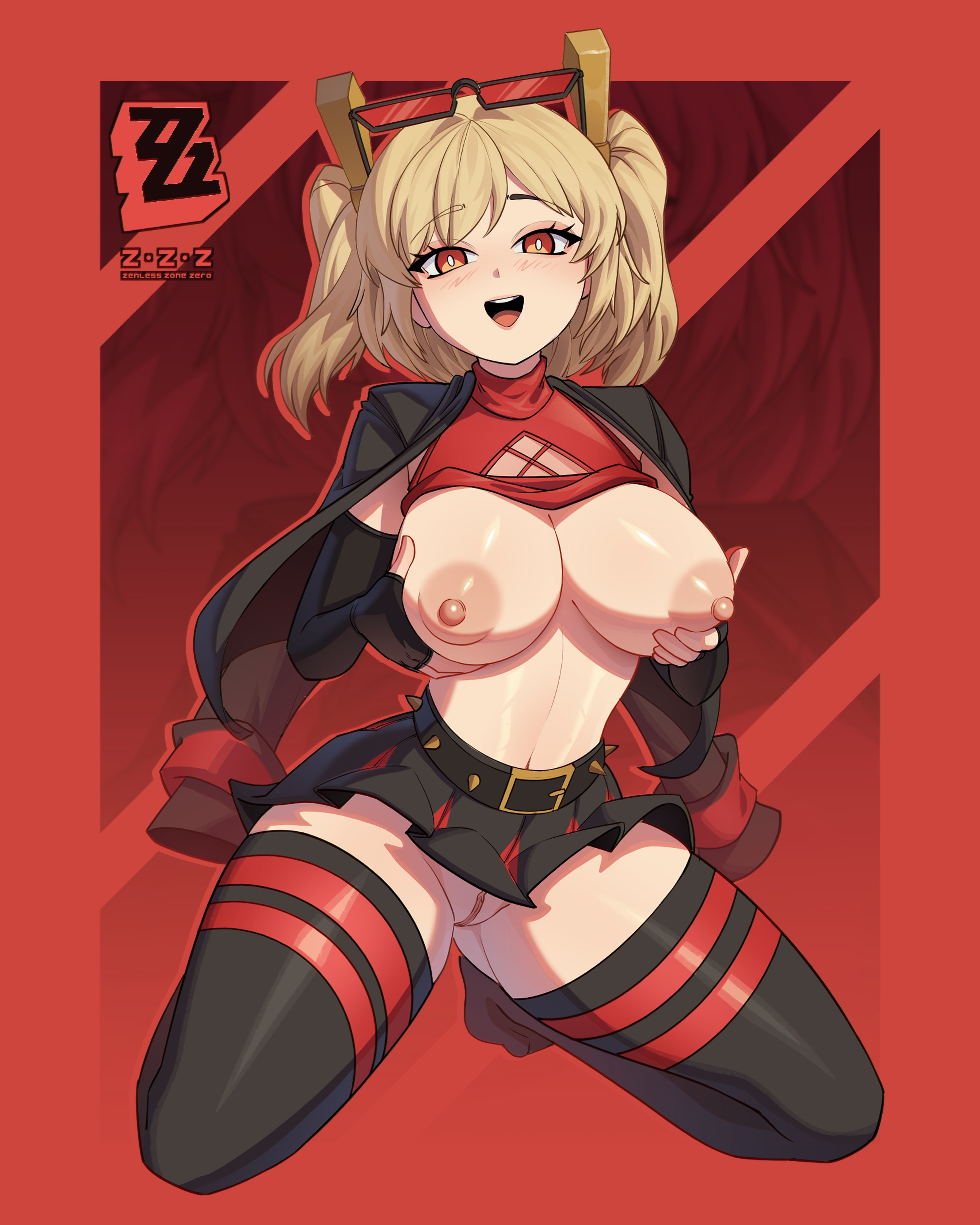 boobs out, burnice white, clothed female, no panties, pussy exposed, satelyte, zenless zone zero