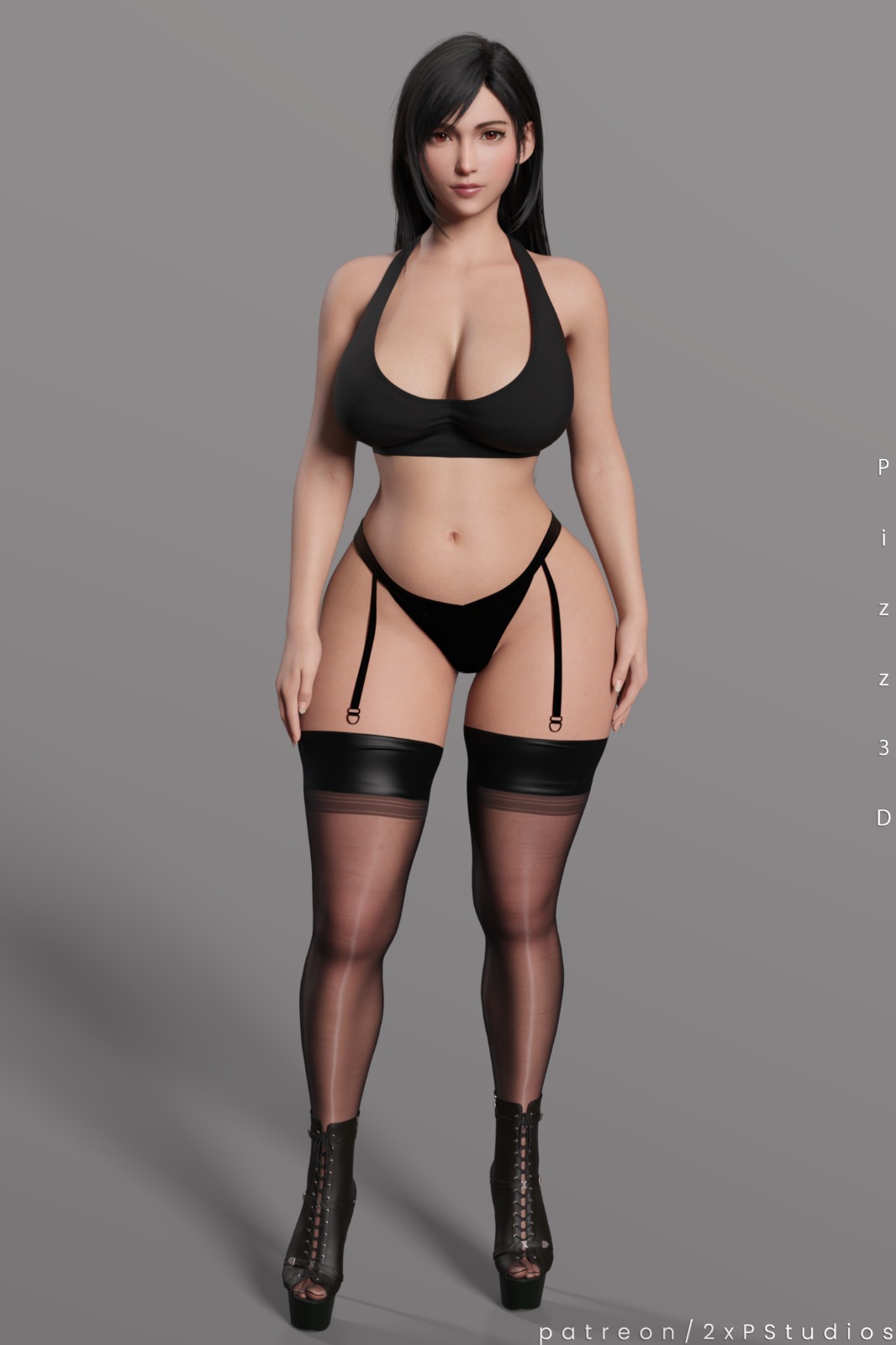 2xp studios, 3d, 3d (artwork), big boobs, big breasts, black-hair, black-haired female, boobs, breasts, cleavage, clothed, clothed female, female, female focus, female only, final fantasy, final fantasy vii, final fantasy vii remake, large boobs, large breasts, light skin, light-skinned female, pizz3d, red eyes, red eyes female, solo, solo female, solo focus, tifa lockhart, video game character