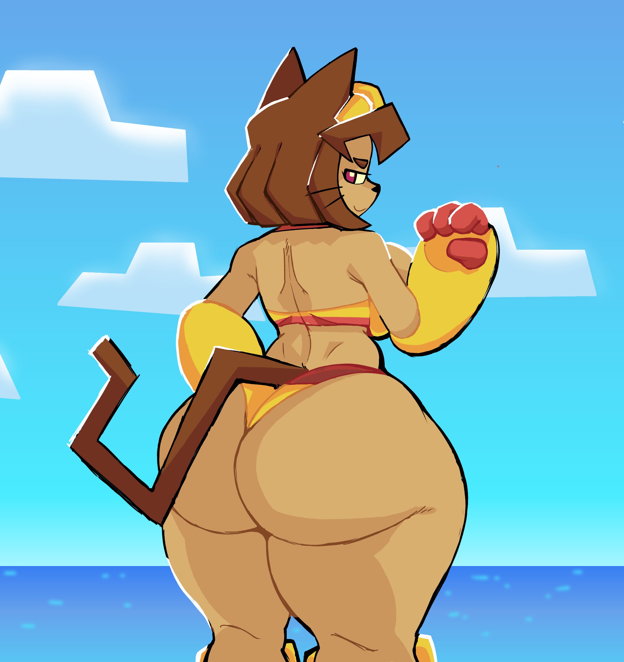 1girls, 2026, 2d, 2d (artwork), anthro, ass, back view, backboob, beach, big ass, big butt, blue sky, breasts, brown body, brown hair, brown skin, cat ears, cat girl, cat humanoid, cat tail, catgirl, clouds, color, colored, digital drawing (artwork), digital media (artwork), fat ass, fat butt, feline, feline humanoid, female, female only, gameoverse, glitch productions, humanoid, kit (gameoverse), kit bodega, looking at viewer, looking back, looking back at viewer, ocean, shiba the dog, solo, solo female, standing, swimsuit, swimwear, tail, thick ass, thick butt, thick thighs, thighs, whiskers