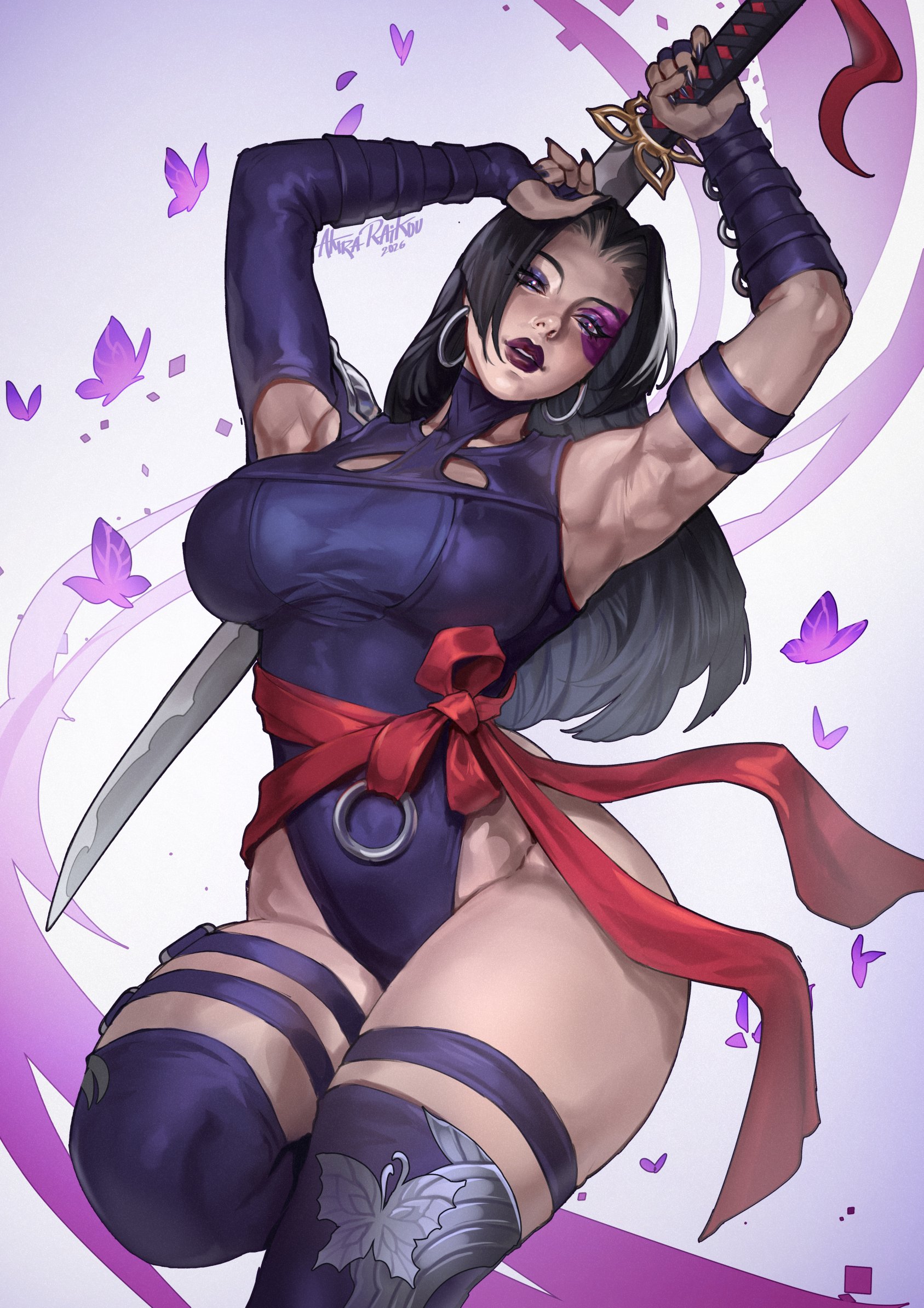 1girls, 2026, 2d, akira raikou, armpits, big breasts, black hair, busty, butterflies, clothed, female, female only, fully clothed, hips, long hair, looking at viewer, marvel, marvel comics, marvel rivals, painted fingernails, painted nails, psylocke, psylocke (sai) (vengeance), purple eyes, purple lips, purple lipstick, purple nails, solo, solo female, sword, thighs, weapon, white background, x-men