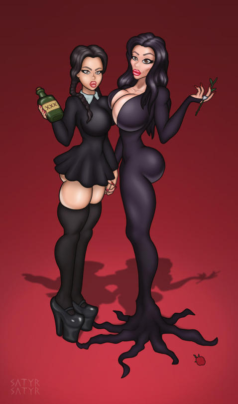 2girls alcohol before_sex big_ass big_breasts big_lips bimbo black_hair brown_eyes bursting_breasts busty cleavage daughter duplicate family goth hand_holding high_heels hourglass_figure huge_breasts large_breasts lipstick looking_at_viewer makeup mascara microskirt milf miniskirt morticia_addams mother mother_and_daughter older_female satyrsatyr the_addams_family thick_thighs thighhighs tight_clothing twin_braids twintails voluptuous wednesday_addams younger_female