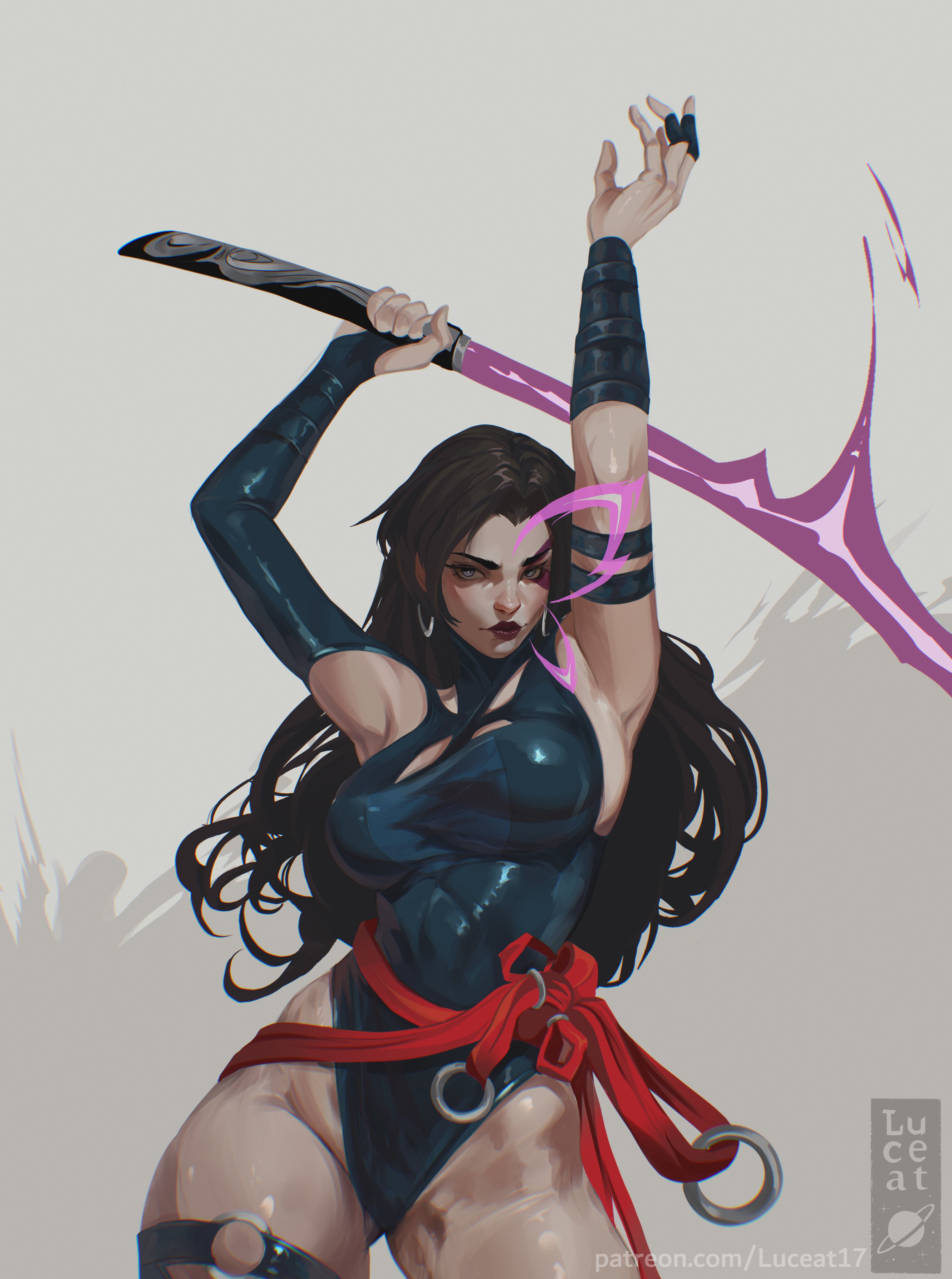 1girls, 2d, armpits, big breasts, black hair, busty, clothed, female, female only, fully clothed, hips, long hair, looking at viewer, luceat, marvel, marvel comics, marvel rivals, painted fingernails, painted nails, psylocke, psylocke (sai) (vengeance), purple eyes, purple lips, purple lipstick, purple nails, solo, solo female, sword, thighs, weapon, white background, x-men