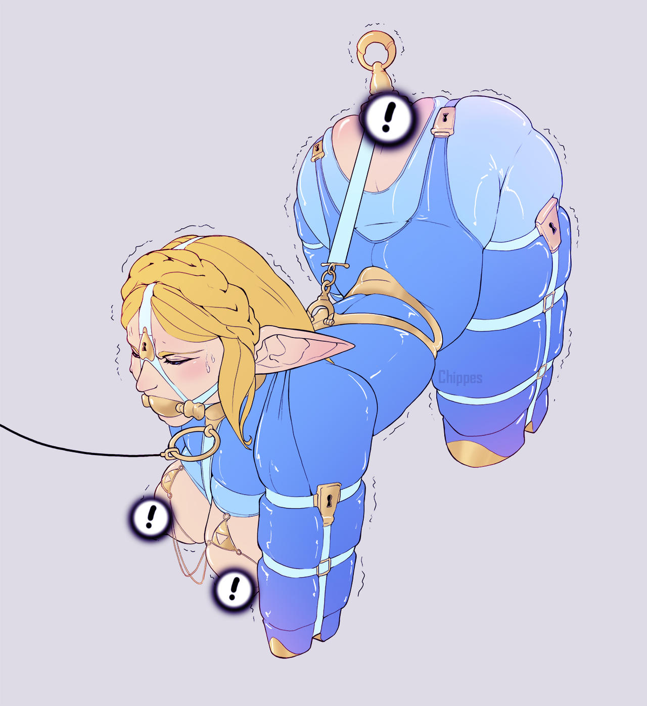 all fours, bitchsuit, blonde hair, bondage, bound, buttplug, buttplug tail, censored, chippes, closed eyes, collar, elf ears, gag, gagged, leash, leash and collar, leash pull, nipple piercing, nipples, petplay, piddlefours, princess zelda, sweat, tears of the kingdom, the legend of zelda, walking, zelda (tears of the kingdom)