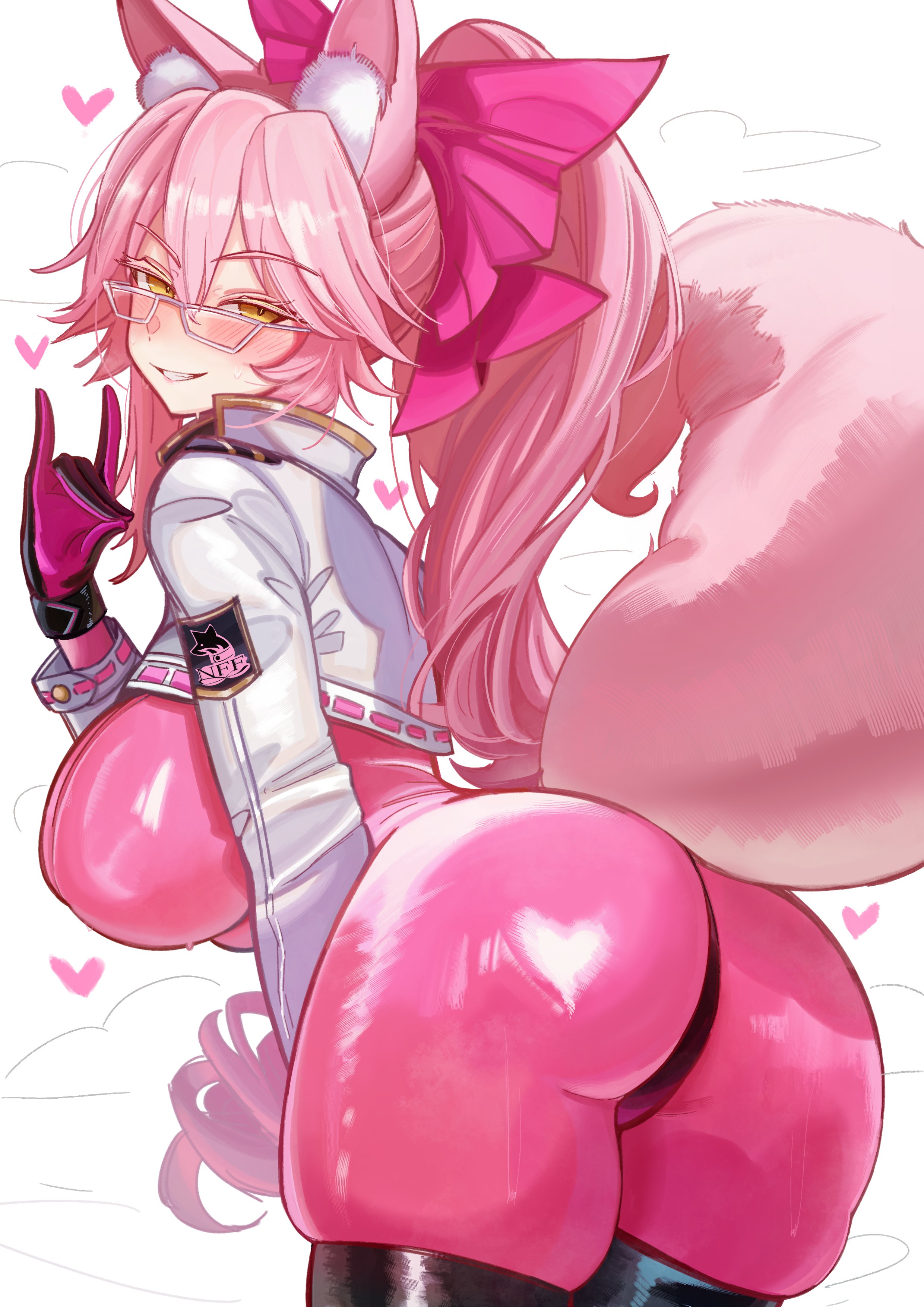 0nineo9, 1girl, 1girls, absurdres, animal ear fluff, animal ears, ass, ass focus, big ass, big breasts, black thighhighs, blush, bodysuit, bow, breasts, fate (series), fate/grand order, female, female only, fox ears, fox girl, fox shadow puppet, fox tail, glasses, grin, hair between eyes, hair bow, highres, huge breasts, koyanskaya (fate), large breasts, light-skinned female, long hair, long sleeves, looking at viewer, looking back, pink bodysuit, pink bow, pink hair, ponytail, revision, shrug (clothing), sidelocks, smile, solo, tail, thighhighs, thighs, white shrug, yellow eyes