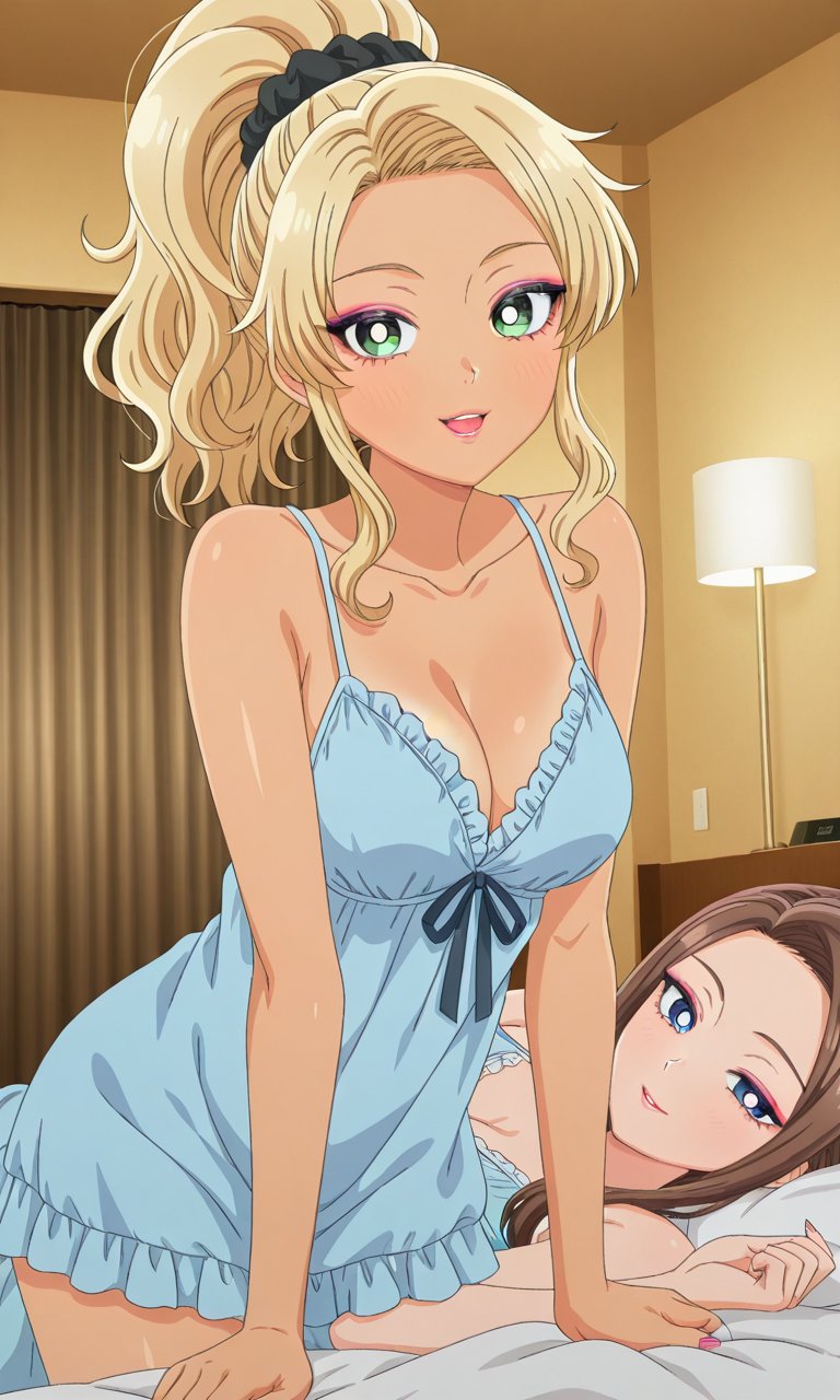 2girls, ai generated, amane kei, blonde hair, blue eyes, brown hair, female, female only, green eyes, gyaru, ijichi kotoko, otaku ni yasashii gal wa inai!?
