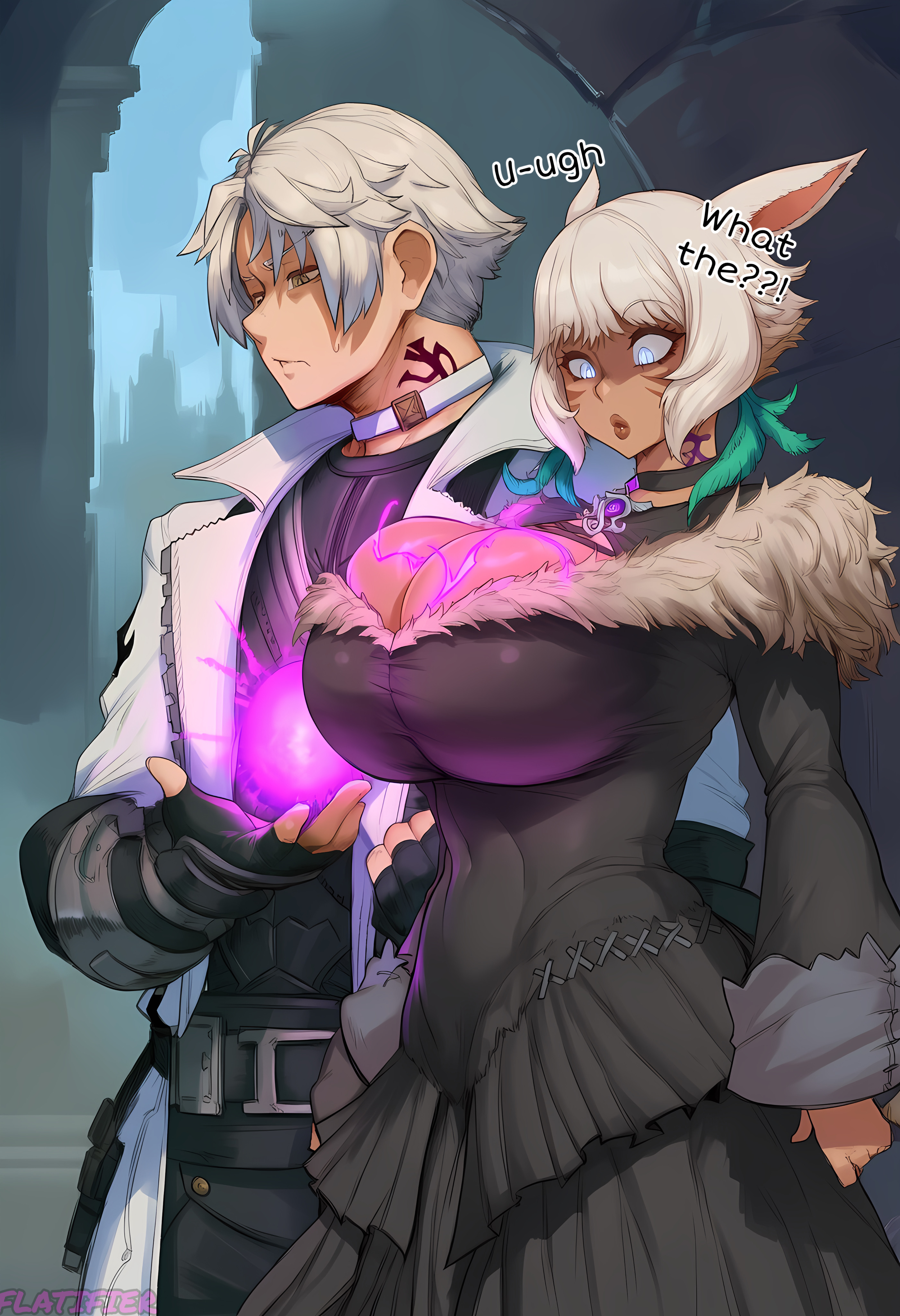 ai generated, breast expansion, breast growth, ffxiv, final fantasy, final fantasy xiv, flatifier, gigantic breasts, gigantic cock, gigantic penis, magic, paizuri, small breasts, thancred waters, y'shtola, y'shtola rhul