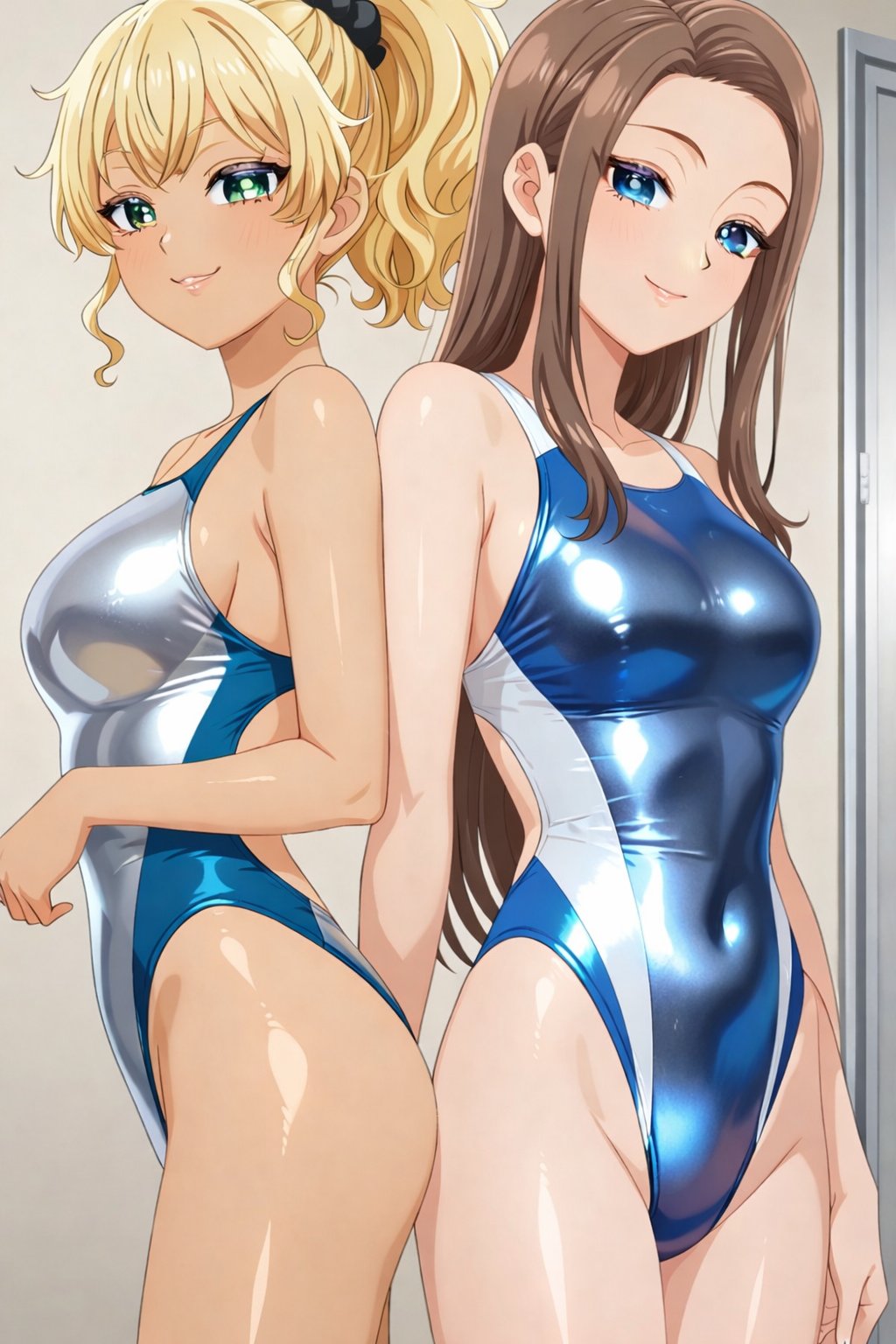 2girls, ai generated, amane kei, blonde hair, blue eyes, brown hair, female, female only, green eyes, ijichi kotoko, otaku ni yasashii gal wa inai!?, swimsuit