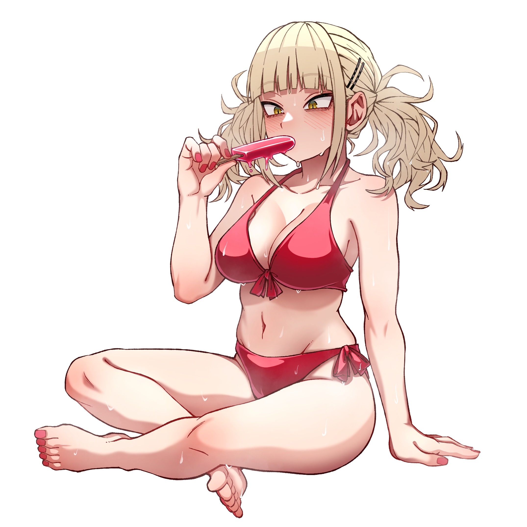 1girl, 1girls, arm support, bikini, blonde hair, boku no hero academia, breasts, eating, feet, female, female only, food, food in mouth, highres, himiko toga, holding, holding food, holding popsicle, kobaji, large breasts, long hair, melting popsicle, my hero academia, nail polish, navel, popsicle, popsicle in mouth, red bikini, red nails, simple background, solo, sweat, swimsuit, toenail polish, toenails, toga himiko, twintails, white background, yellow eyes