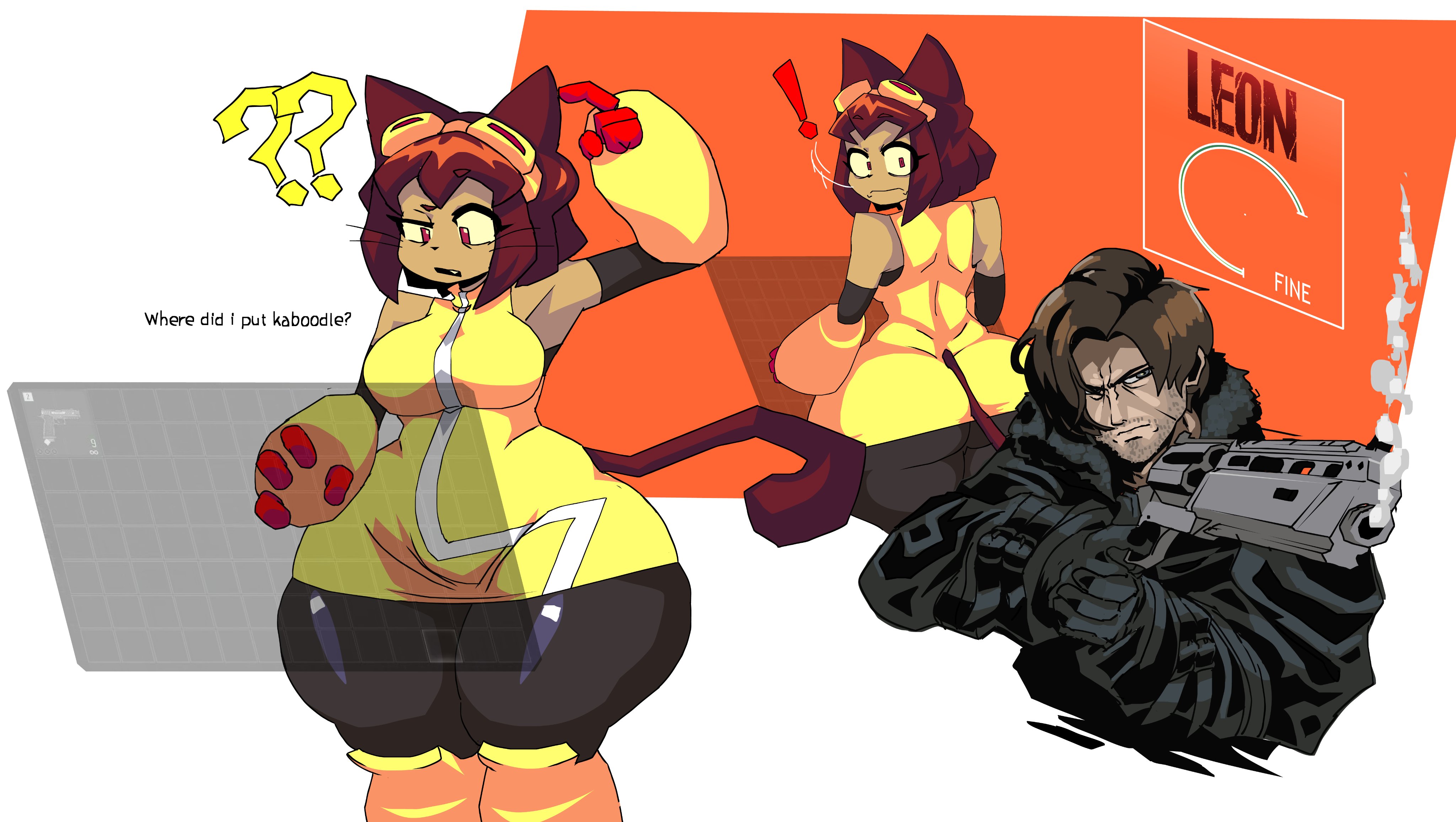 !, ??, 1boy, 1girls, 2026, 2d, 2d (artwork), anthro, ass, big ass, big butt, breasts, brown body, brown hair, brown skin, brown-skinned female, cat ears, cat girl, cat humanoid, cat tail, catgirl, color, colored, crossover, dialogue, digital drawing (artwork), digital media (artwork), english text, feline, feline humanoid, female, female anthro, female humanoid, firearm, fully clothed, gameoverse, glitch productions, goggles, goggles on head, gun, handgun, holding gun, holding weapon, human, humanoid, kit (gameoverse), kit bodega, leon scott kennedy, light skin, light-skinned male, male, male human, resident evil, shaketxd, smoke from gun, text, thighs, weapon, wide hipped female, wide hips, wide thighs