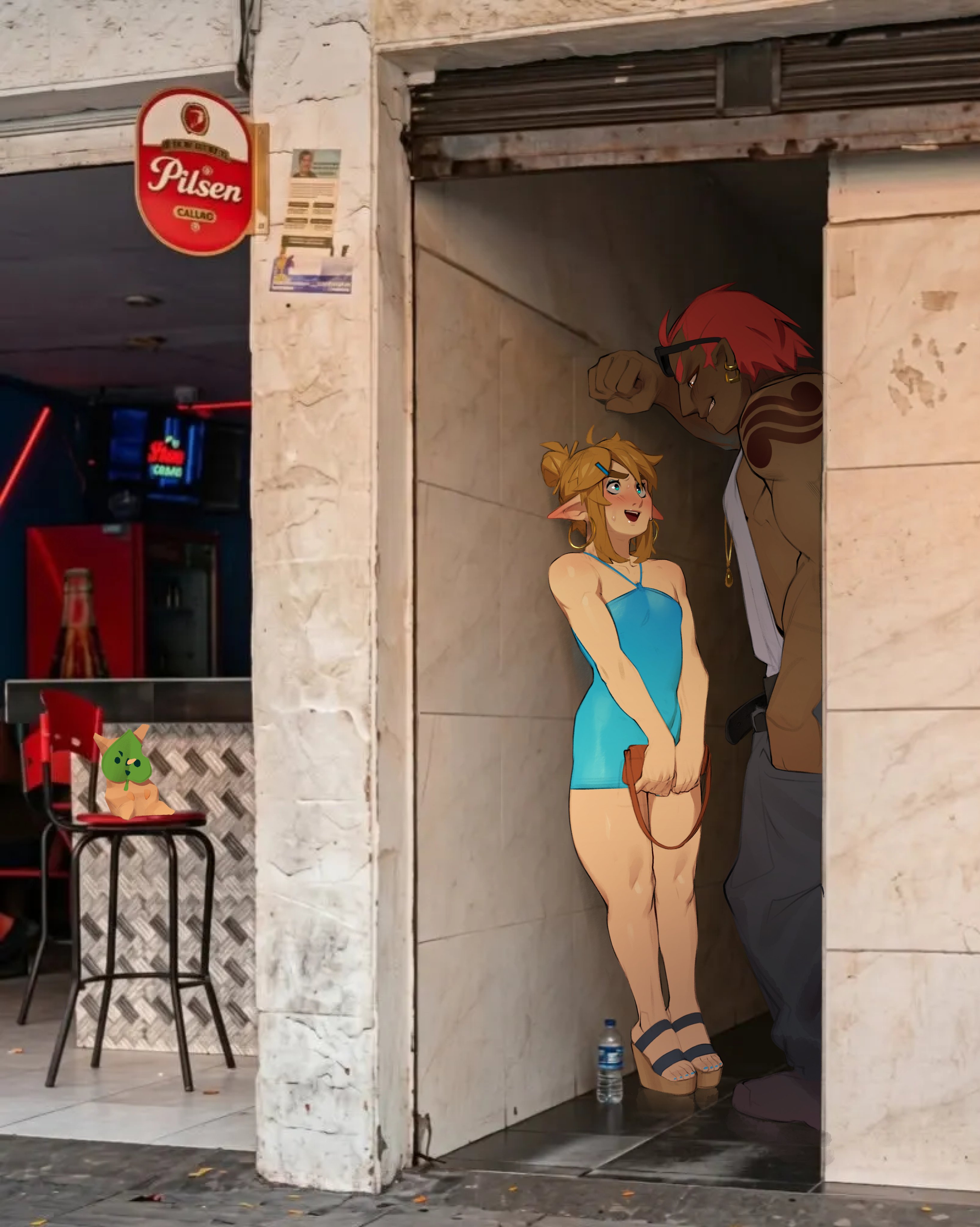 2boys, alley, alleyway, alleyway milf (meme), blonde hair, blue dress, blue eyes, blush, colombia, combos-n-doodles, crossdressing, dress, earrings, eyeshadow, femboy, ganondorf, gay, gay male, heels, korok, link, medellin, colombia, meme, pointy ears, red eyes, red hair, sissy, sweat, tattoo, the legend of zelda, twink, wedge heels, yaoi