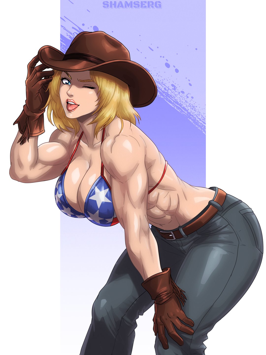 1girl, abs, american flag, american flag bikini, american flag print, artist name, bare shoulders, belt, biceps, big breasts, bikini, bikini top only, blonde hair, blue eyes, blue jeans, breasts, broad shoulders, brown gloves, cleavage, collared shirt, commentary, curvy, dead or alive, deltoids, denim, english commentary, female, female only, flag print, flag print bikini, gloves, hand on own knee, hat, highres, huge breasts, jeans, leather, leather gloves, lips, looking at viewer, muscular, muscular female, navel, nose, one eye closed, open mouth, pants, print bikini, shamserg, shirt, simple background, smile, solo, stomach, swimsuit, tina armstrong, tongue, tongue out, triceps, wink, winking, winking at viewer