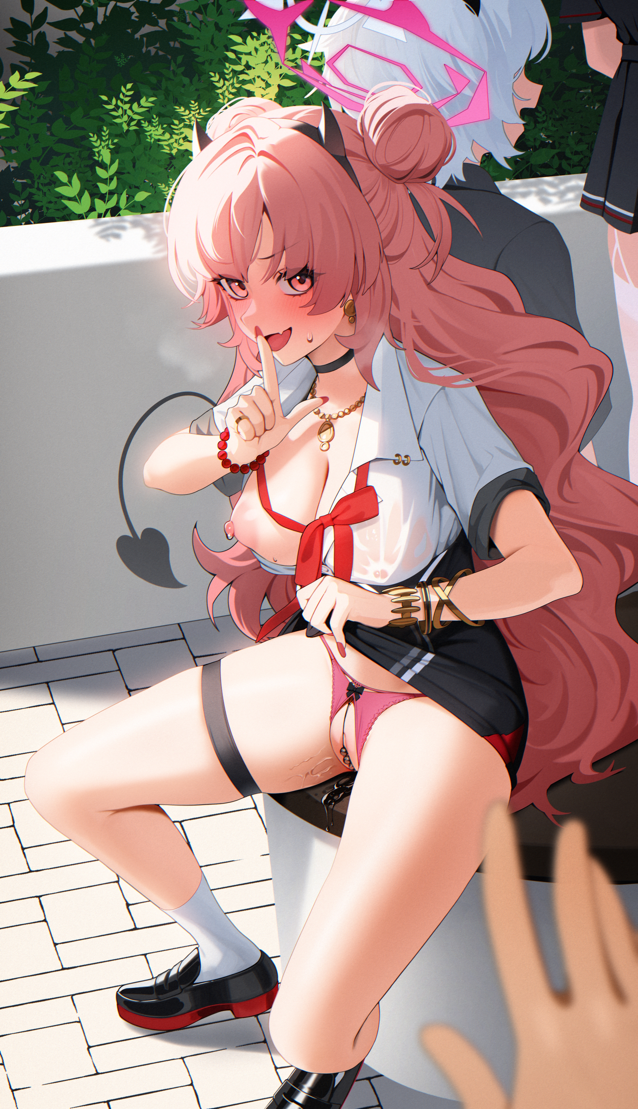 1boy, 3girls, back view, balcony, bead bracelet, bench, black choker, black hairband, black shirt, black shoes, black skirt, blue archive, blush, bow panties, bowtie, bracelet, bracelets, breasts, breasts out, character focus, character in background, choker, cleft of venus, crotchless panties, curly hair, day, daylight, daytime, demon girl, demon horns, demon tail, double bun, erika (blue archive), ett, eyebrows visible through hair, fake horns, fang, female, female focus, fingernails, floor, garter straps, gold necklace, gyaru, hair bun, hair buns, hairband, halo, hand only, high-waist skirt, horn hairband, horns, hot, index finger raised, kirara (blue archive), kogal, large breasts, large filesize, leaf, loafers, long fingernails, looking aside, looking at viewer, miniskirt, multiple bracelets, nail polish, necklace, nipples, nipples visible through clothing, no bra, no bra under clothes, npc, open mouth, outdoors, panties, parted bangs, partially unbuttoned, pearl thong, pencil skirt, pink hair, pink panties, pink underwear, pleated skirt, pussy, pussy juice, red bowtie, red eyes, revealing, revealing breasts, ring, school uniform, shirt, shirt collar, shoes, short hair, short sleeves, shushing, side up bun, sitting, sitting on bench, skirt, skirt lift, skirt lifted by self, sleeves rolled up, socks, standing, steam, steamy, steamy breath, sweat, sweatdrop, tail, talking to another, talking to offscreen, thigh strap, thighhighs, thighs, thong, thong panties, tile floor, tongue, tree, two side up, underbust, underwear, very high resolution, very long hair, waving hand, wet, wet shirt, white garter straps, white hair, white shirt, white socks, white thighhighs