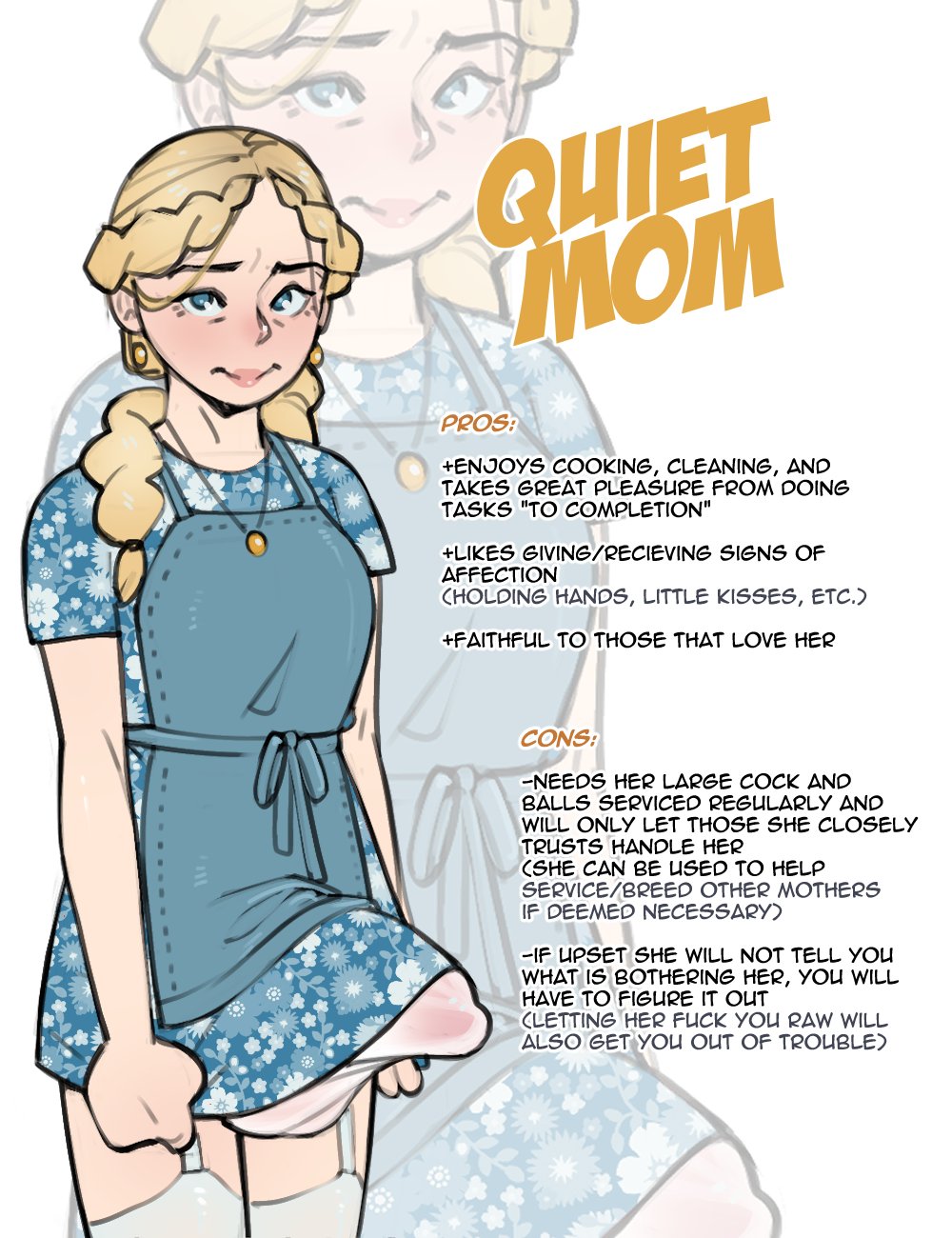 1futa, 2024, apron, blonde hair, blue eyes, blushing, bulge under clothes, character sheet, clothed, clothing, fully clothed, futa only, futanari, hiding erection, mom, not enough milk (artist), short dress, shy, solo, tagme