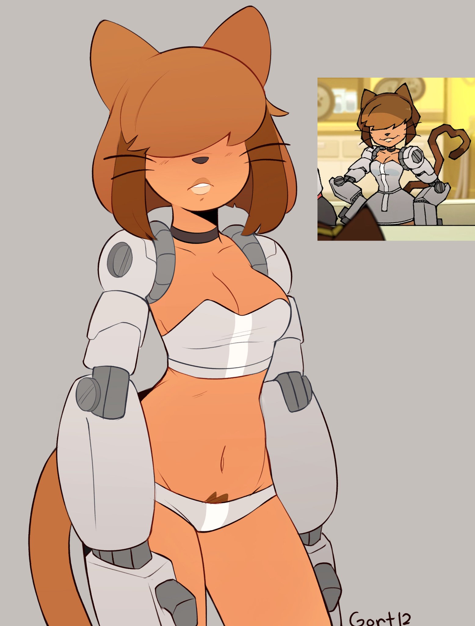 1girls, anthro, bangs, bangs over eyes, belly button, bikini, bikini bottom, bikini top, bob cut, breasts, cat ears, catgirl, cybernetic arm, cyborg, dark skin, dark-skinned female, female, female focus, female only, gameoverse, glitch productions, gort12, hair over eyes, heart tail (gameoverse), navel, pubic hair, pubic hair peek, robotic arm, solo, swimsuit, thick thighs, thighs, tina (gameoverse), tina bodega, tummy, two-piece swimsuit, whiskers