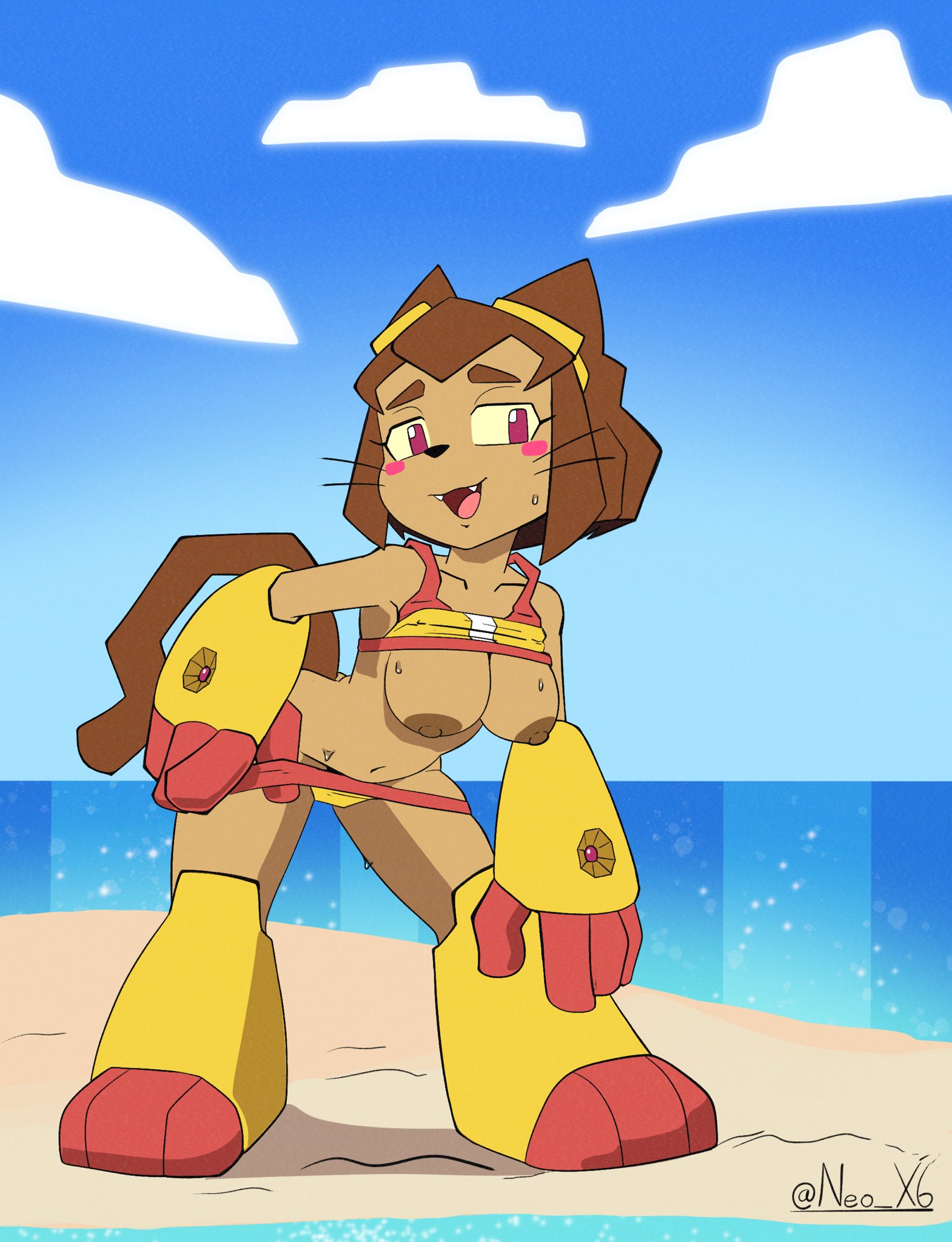 bikini, breasts out, cat ears, cat tail, catgirl, gameoverse, glitch productions, kit (gameoverse), kit bodega, neo x6, pulling bikini down, solo