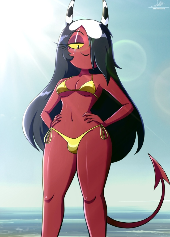 1futa, 1girls, 2020s, 2026, alternate hairstyle, artist signature, beach, bikini, bikini bottom, bikini top, black and white horns, black hair, bulge, bulge through clothing, demon futa, demon girl, demon tail, fanart from twitter, female, futa only, gold bikini, gold panties, golden bikini, golden week, hair between eyes, hair over one eye, hand on hip, hands on hips, helluva boss, imp, indie animation, long hair, no ai, panties, penis bulge, penis under panties, pointy tail, red body, red-skinned futa, sallie may (helluva boss), side-tie bikini, side-tie panties, solo, solo female, solo futa, sun, sunlight, swimsuit, tail, the-butch-x, trans woman, transfem, twitter link, two tone horn, two-piece swimsuit, two-tone hair, vivienne medrano, yellow eye