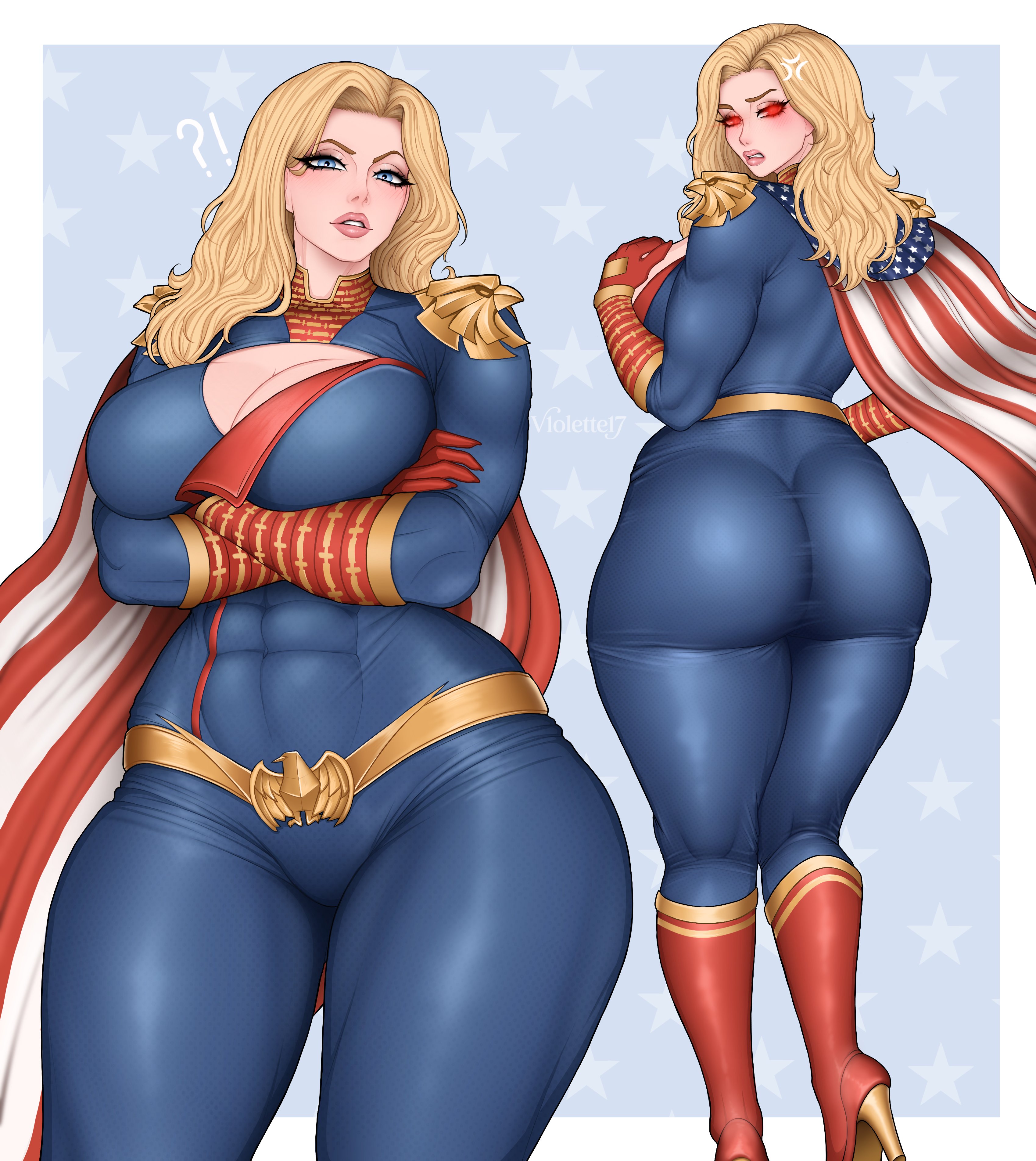 1girls, boots, breasts, female, female focus, female only, femlander, gloves, high heel boots, homelander, large breasts, light skin, light-skinned female, looking at viewer, red boots, rule 63, solo, the boys, thick thighs, thighs, vo1ette, wide hips