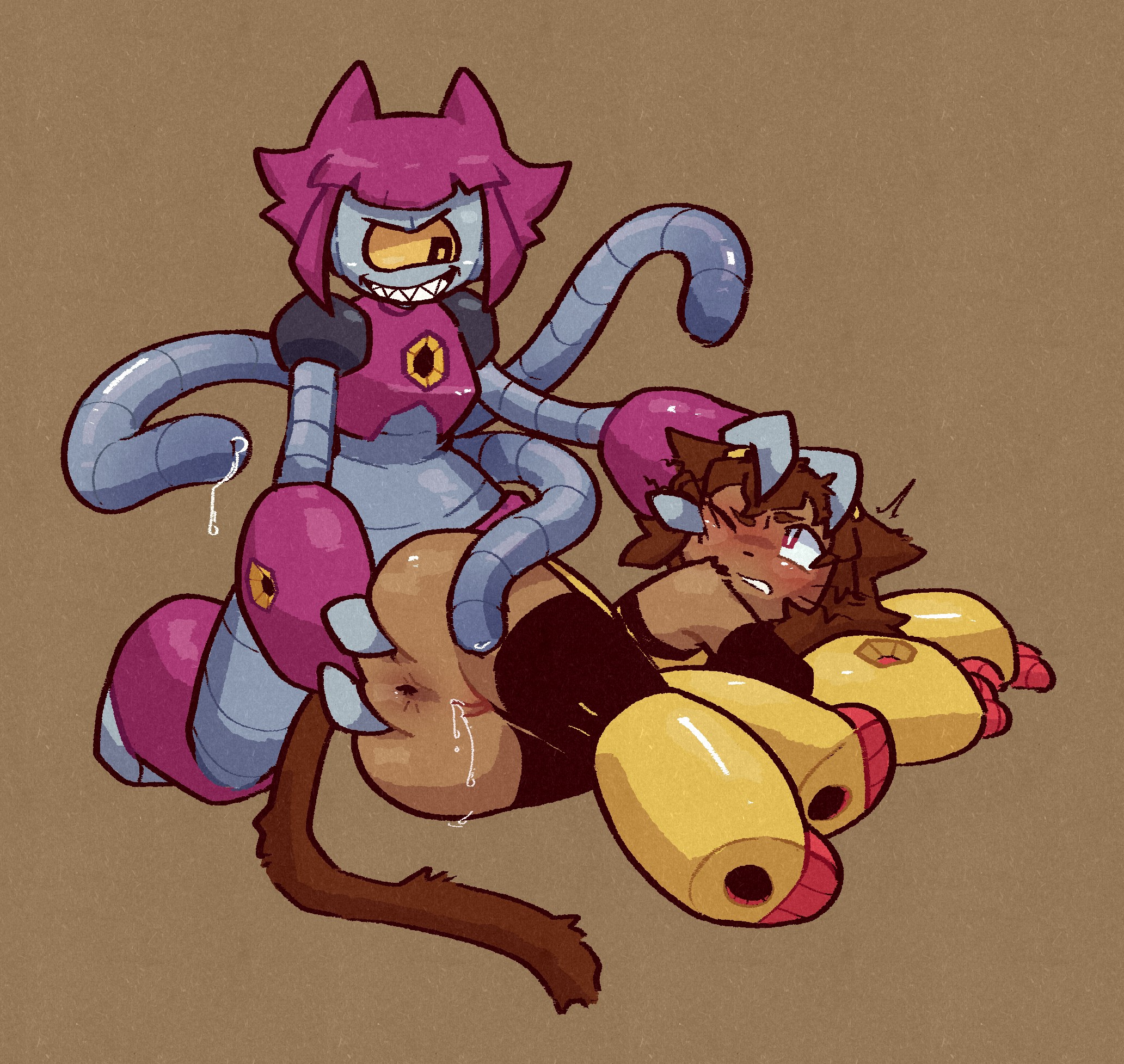 2girls, anthro, anus, ass, ass grab, bob cut, brown fur, brown hair, cat ears, cat tail, catgirl, cyclops, cyclops girl, defeated, defeated heroine, female, female focus, female only, fur, furry, furry female, gameoverse, glitch productions, grabbing, grabbing ass, grabbing head, imminent rape, imminent sex, kit (gameoverse), kit bodega, malice (gameoverse), precum, pussy, pussy juice, pussy juice drip, rape, rape face, raped by enemy, raped female, restrained, robot, robot girl, robotic tentacles, tentacle, tentacle penis, viotailed, yuri