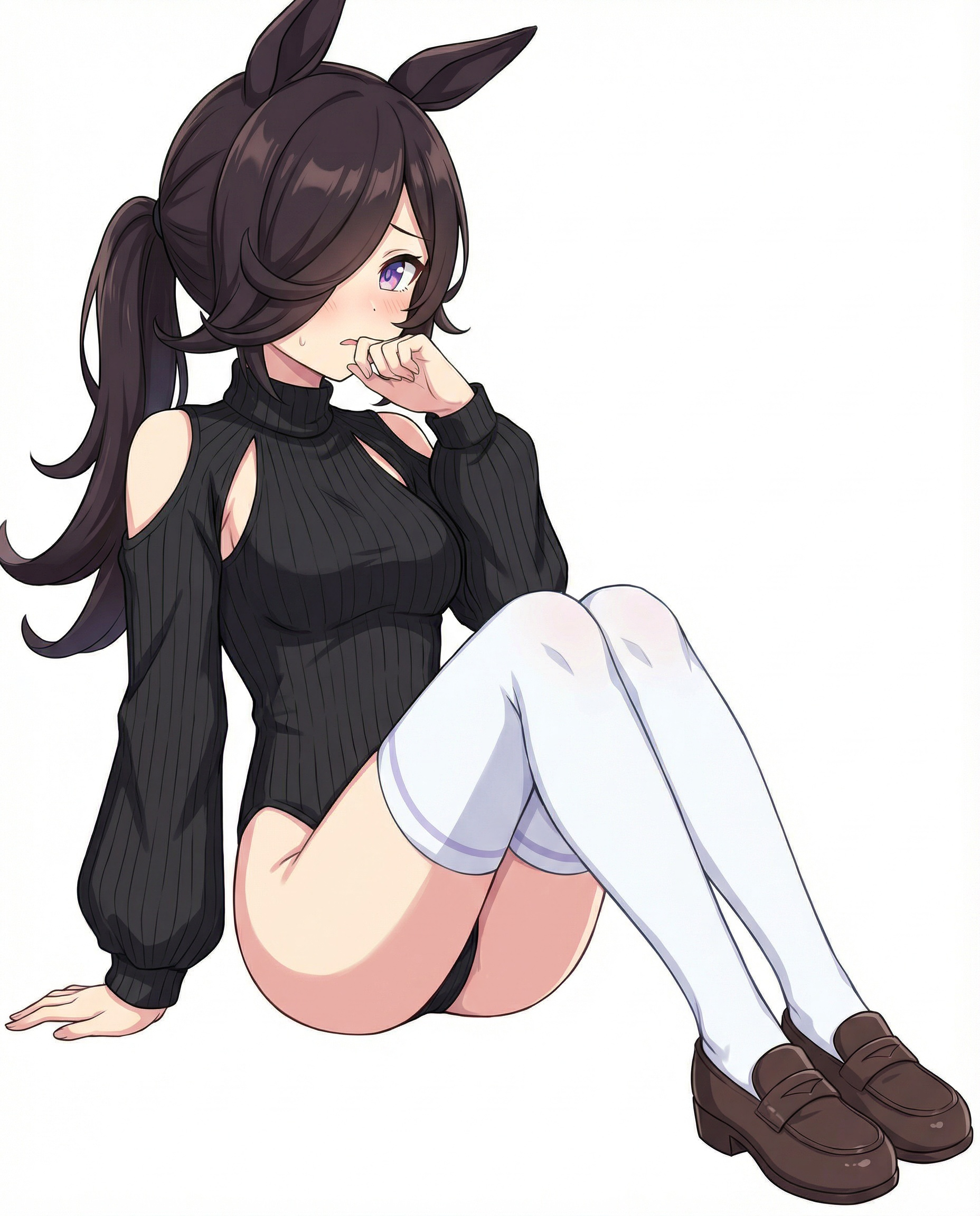 1girls, ass, black leotard, bodysuit, butt, covered pussy, cygames, flat chest, girl, horny, horse, horse ears, horse girl, leotard, lewd, ponytail, revealing clothes, rice shower (umamusume), sitting, small breasts, socks, thighhighs, thighs, umamusume, umamusume pretty derby, white legwear, white skin, white socks, white thighhighs