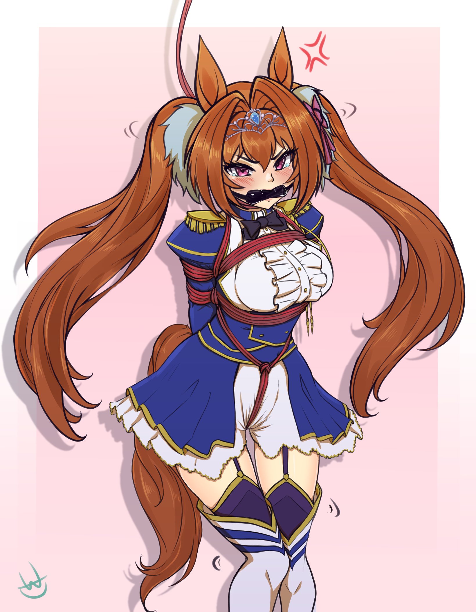 angry, bit gag, blush, blushing, bondage, bound, brown hair, crotch rope, daiwa scarlet (umamusume), gag, gagged, large breasts, ponytail, umamusume, umamusume pretty derby, wadaldo