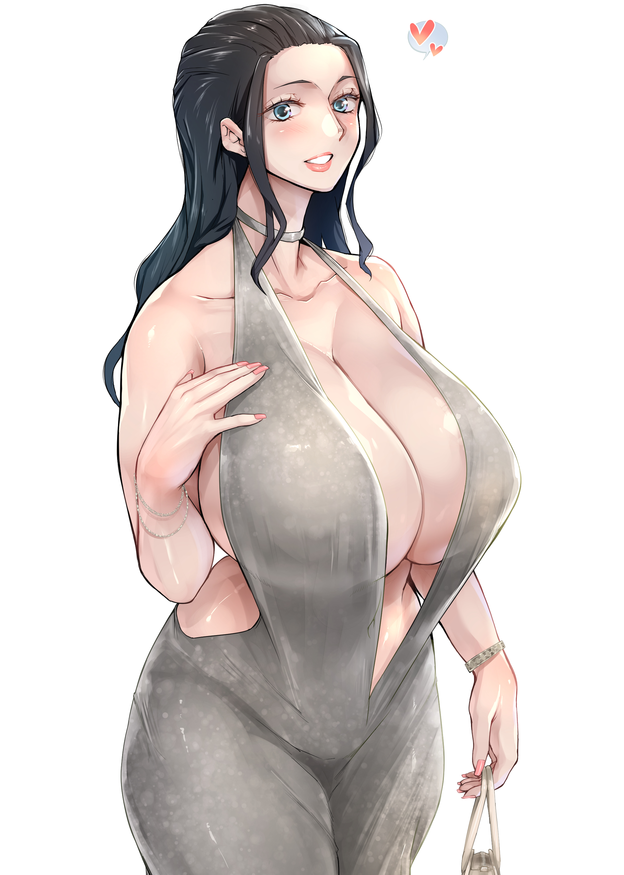 absurdres, ao madousi, black hair, blue eyes, breasts, cleavage, collarbone, dress, female, female only, heart, highres, huge breasts, jewelry, nico robin, one piece, smile
