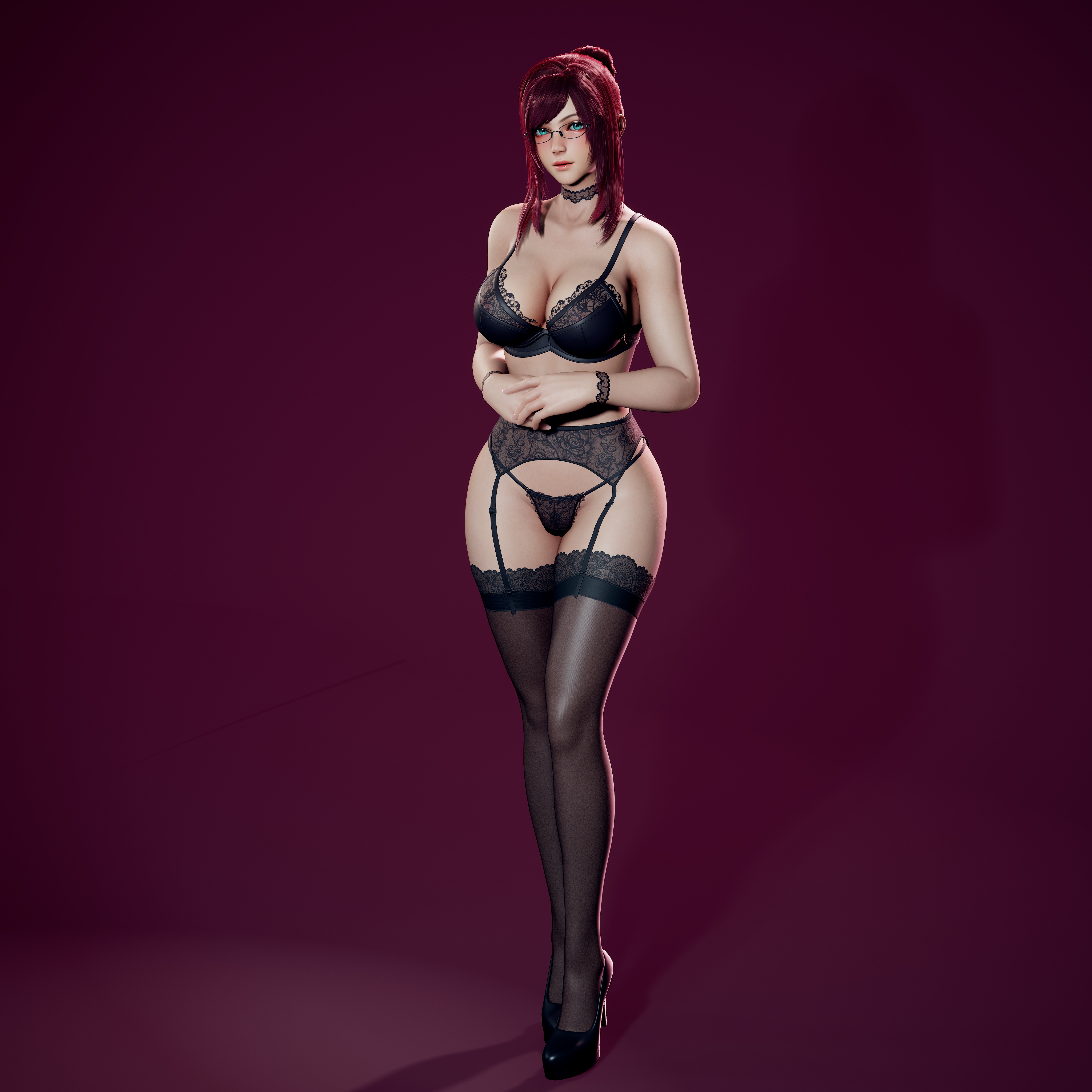 1girls, 3d, big breasts, black legwear, black lingerie, black stockings, blue eyes, bra, breasts, choker, cleavage, facing viewer, female, female only, g-string, garter belt, garter straps, glasses, hairbun, high heels, human, large breasts, light skin, light-skinned female, lingerie, original character, panties, primrose, red hair, redhead, ryanreos, sidelocks, simple background, solo, stockings, thick thighs