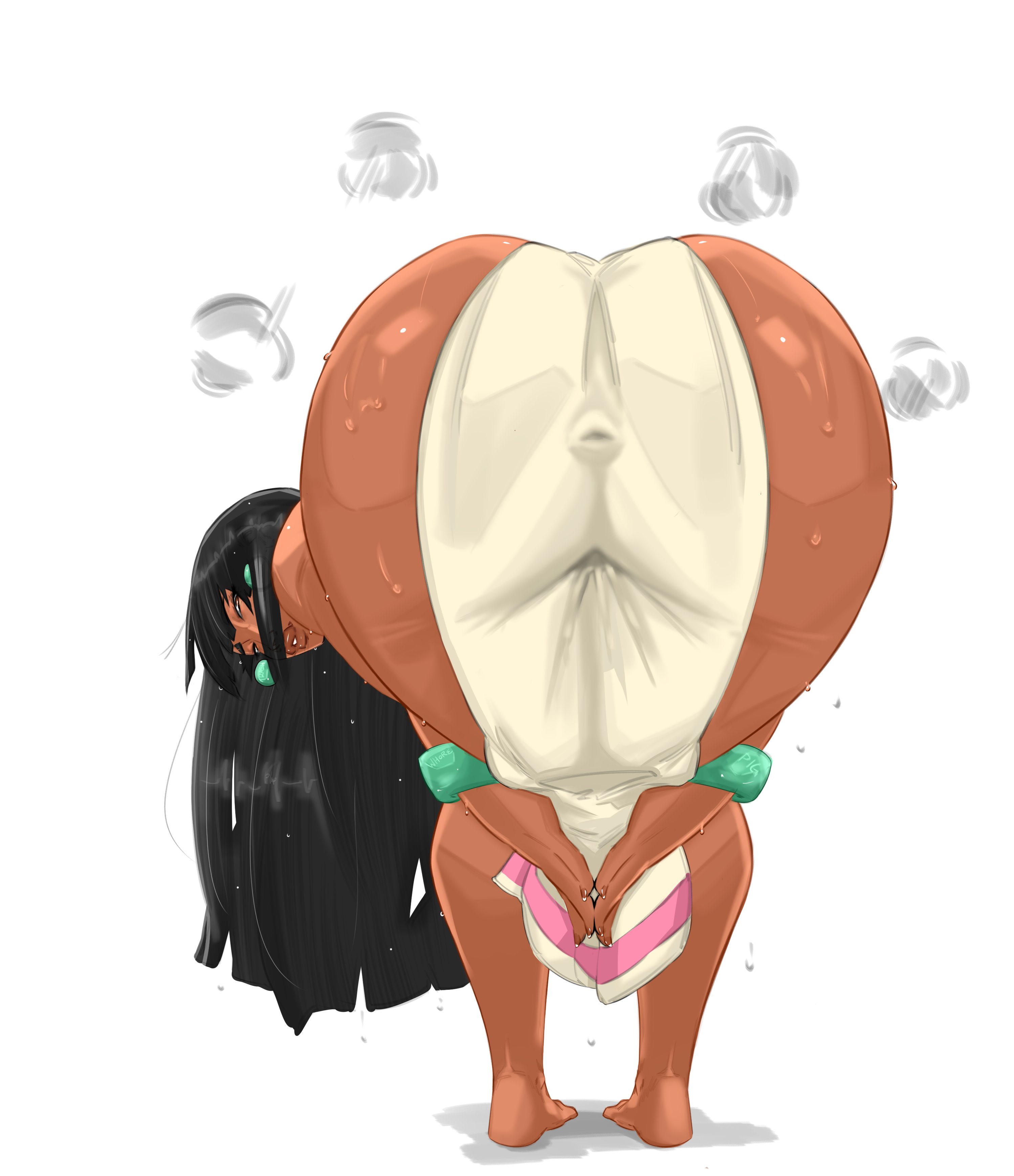 1girl, absurdres, amen pose, amen pose (meme), ass, ass focus, barefoot, bent over, bracelet, bracelets, brown eyes, chel, chel (el dorado), chel (the road to el dorado), covered anus, dark skin, dark-skinned female, dreamworks, dress, dripping, dripping sweat, earrings, english commentary, exposed hips, female, female only, greyscale, highres, hip cleavage, hip vent, hip windows, jewelry, lips, long hair, looking at viewer, looking back, meme, monochrome, own hands together, parted lips, pelvic curtain, praise da booty (meme), solo, standing, star (symbol), sweat, the road to el dorado, tokyoplip, white dress