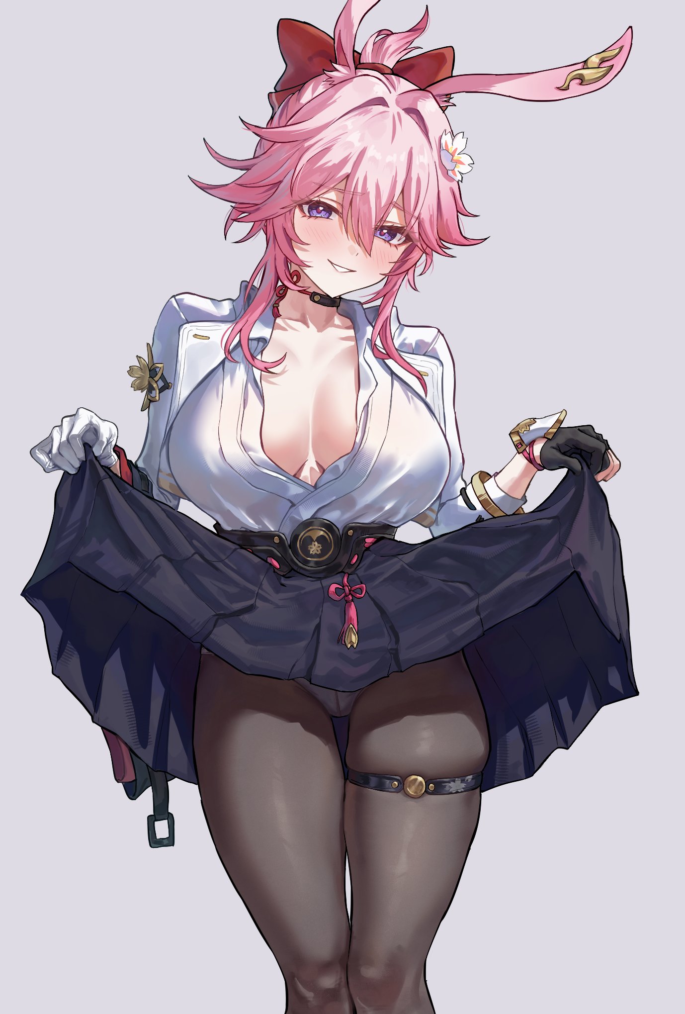 1girls, animal ears, black panties, black underwear, breasts, breasts out, brown pantyhose, evanescia (honkai: star rail), exposed breasts, female, fox ears, fox girl, honkai (series), honkai: star rail, hoyoverse, kadokadokado14, long hair, medium breasts, mihoyo, panties, panties under pantyhose, pantyhose, pink hair, purple eyes, school uniform, schoolgirl, skirt, skirt lift, underwear