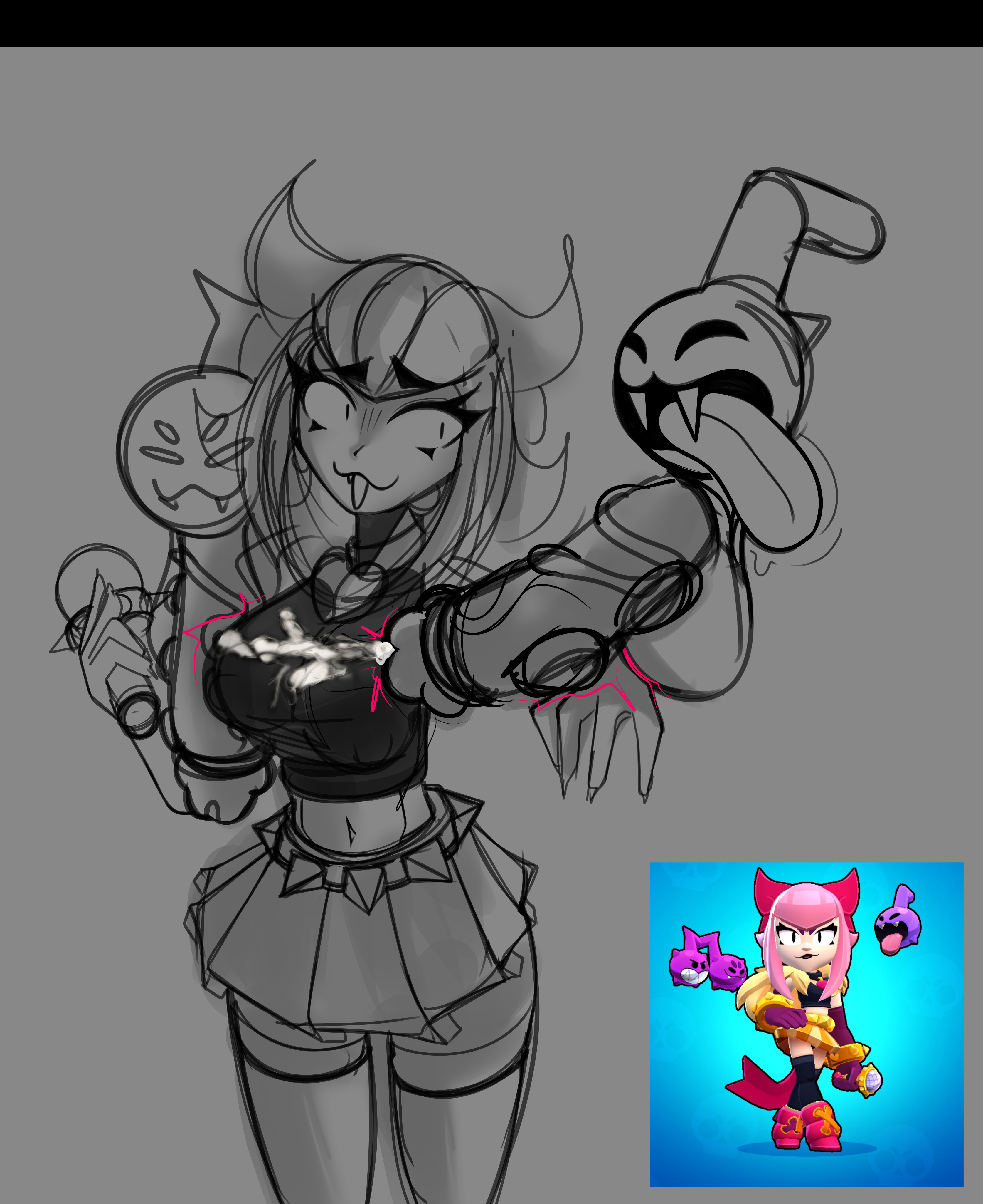 1girls, absurd res, big penis, brawl stars, breasts, choker, clothed, clothes, crop top, cum on breasts, cumshot, gray background, huge balls, huge cock, madlness, medium breasts, melodie (brawl stars), melodie note (brawl stars), miniskirt, monochrome, navel, non-human, notes, penis on hand, reference image, shocked, shocked expression, short hair, simple background, sketch, skirt, smirk, stockings, supercell, tongue, tongue out