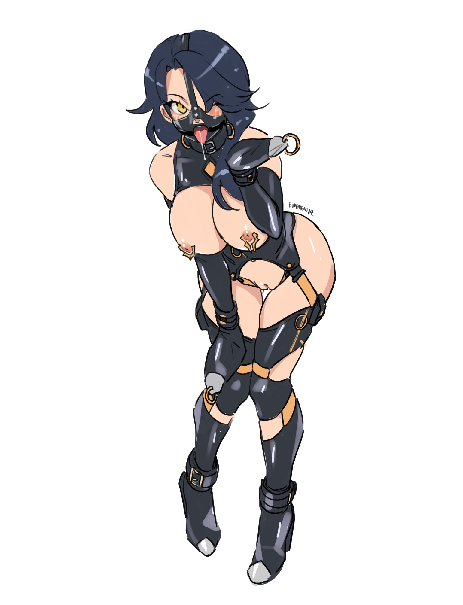 bdsm, bdsm collar, bdsm outfit, big breasts, bondage, bondage collar, bondage gear, bondage gloves, bondage mittens, bondage outfit, bound, bound hands, breasts, breasts out, cinder fall, cuffs, defeated villainess, drool, eudetenis, exposed breasts, exposed pussy, female, female only, femsub, gag, gagged, large breasts, latex, latex bodysuit, muzzle gag, muzzled, nipple piercing, posing, ring gag, rwby, tongue out, villainess