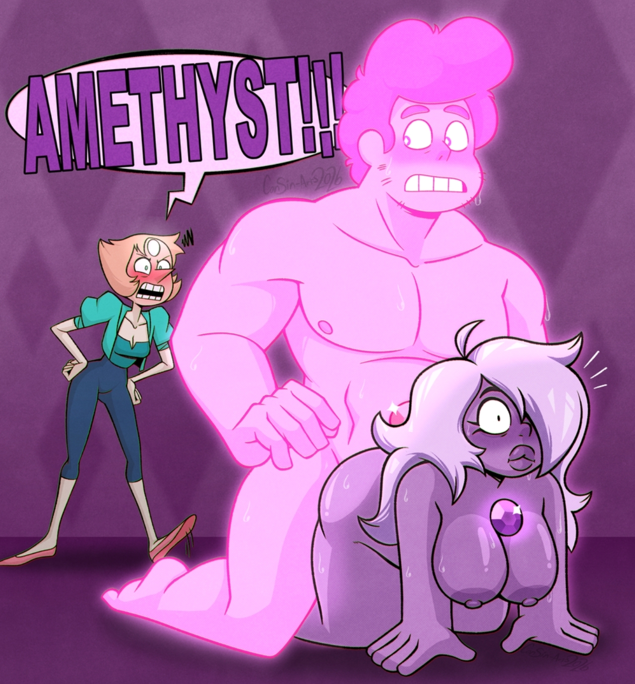 1boy, age difference, amethyst (steven universe), angry, angry expression, angry face, big nipples, bigger male, chad steven, consin-arts, dialogue, embarrassed, embarrassed expression, embarrassed male, female, floor sex, gem (species), glowing, glowing body, hands on floor, male, muscular, muscular male, newgrounds, pearl (steven universe), pink body, pink hair, pink steven, purple body, scared, scared expression, scared female, steven quartz universe, steven universe, steven universe future, straight, straight sex, tagme, text, text bubble, younger dom older sub, younger male, younger penetrating older
