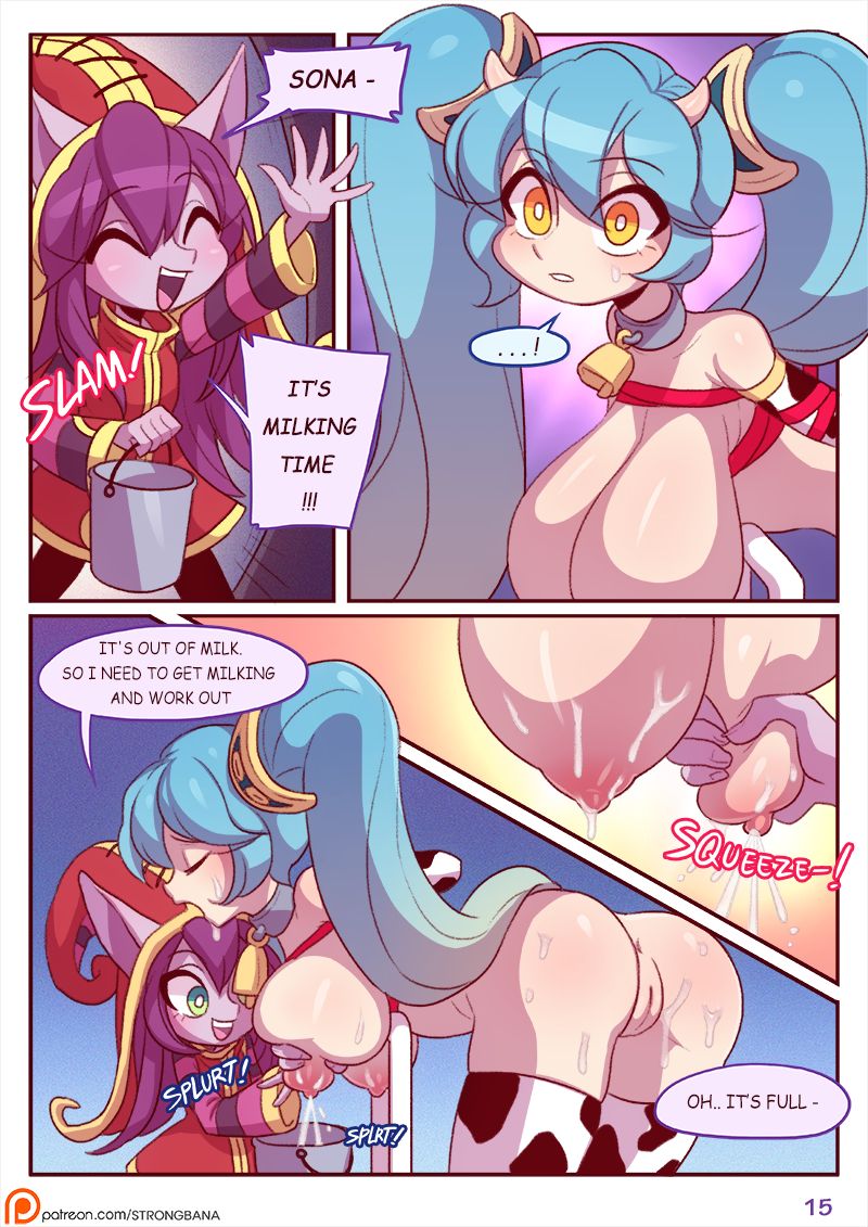 !, ..., 2girls, 5 panel comic, blue hair, breasts, comic, female, hairless pussy, hanging breasts, league of legends, long hair, lulu the fae sorceress, multiple females, multiple girls, page 15, page number, purple hair, pussy, riot games, sona buvelle, strongbana, yordle