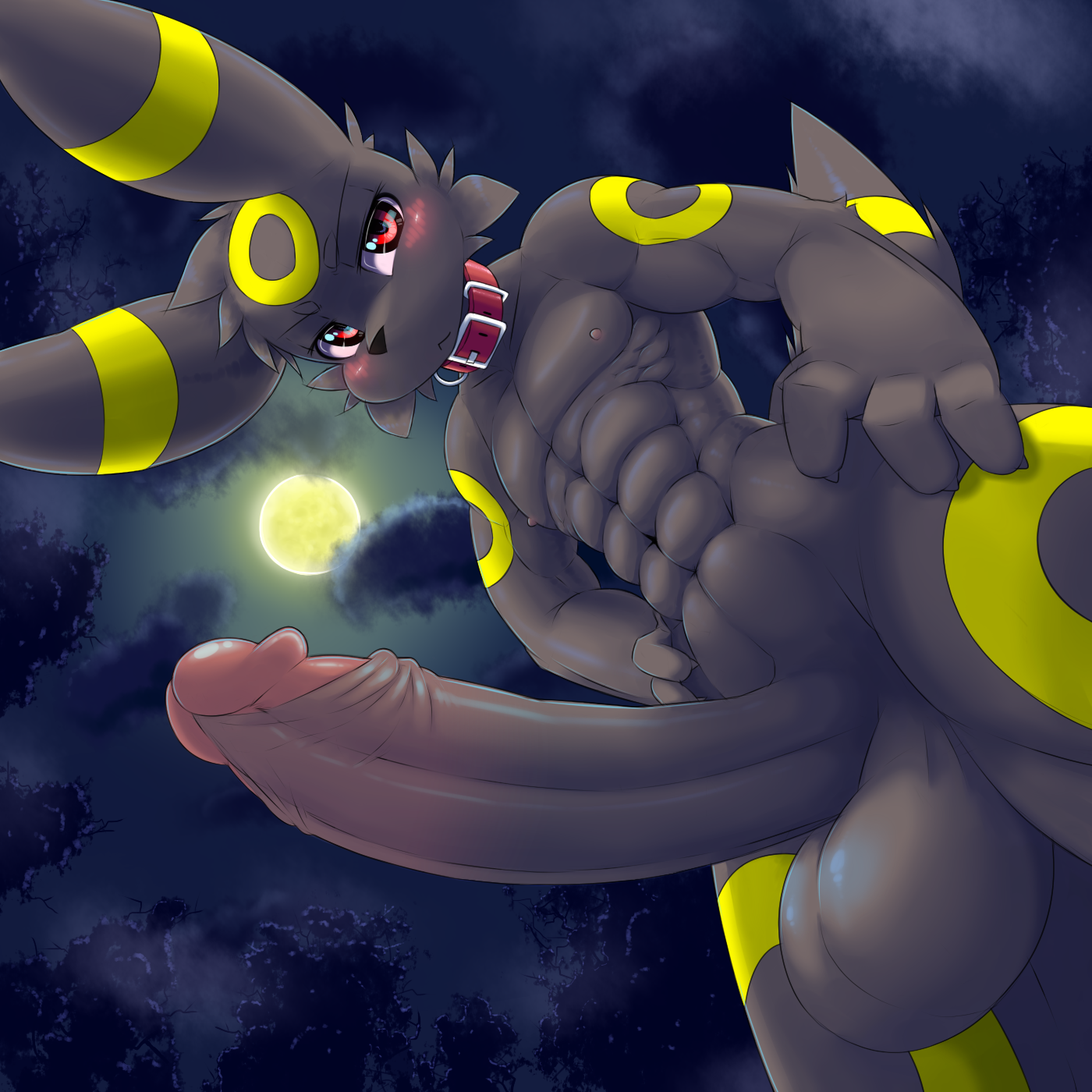 4 fingers, abs, anthro, anthrofied, balls, biceps, big penis, black nose, blush, collar, detailed background, eeveelution, erection, fur, hi res, huge cock, humanoid penis, keron, looking at viewer, male, male only, markings, moon, muscular, night, nintendo, nipples, nude, obliques, outside, pecs, penis, pink nipples, pokémon (species), pokemon, pokemon (species), pokemorph, pvt. keron, red eyes, sky, solo, standing, triceps, umbreon, video games