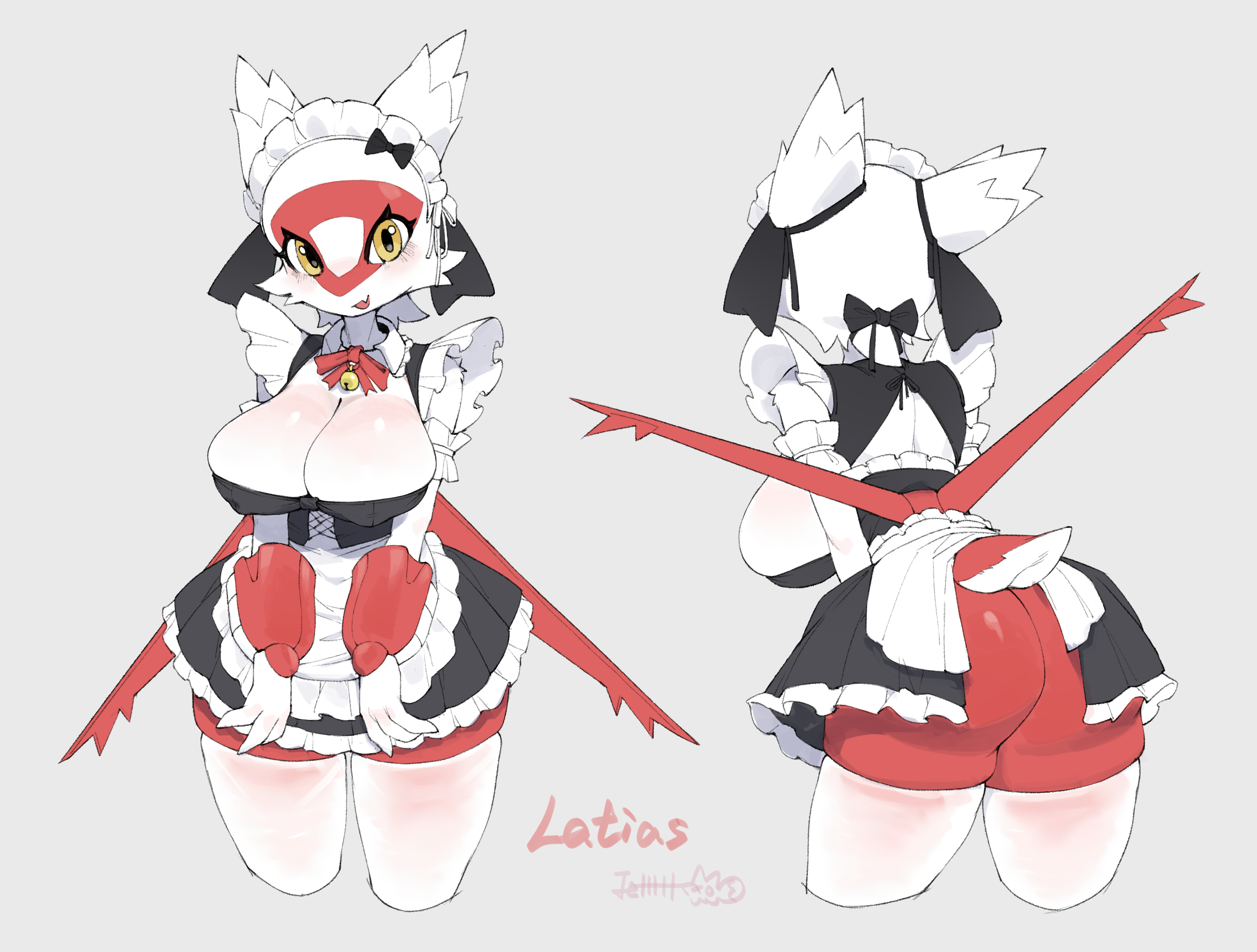 1girls, 2026, absurd res, anthro, anthrofied, artist name, bell, big breasts, biped, black clothing, breasts, butt, cleavage, clothed, clothed anthro, clothed female, clothing, digital drawing (artwork), digital media (artwork), eyelashes, facial tuft, female, female anthro, female only, fingers, fuli jeffery, generation 3 pokemon, glistening, glistening eyes, grey background, hi res, latias, legendary pokemon, legwear, looking at viewer, maid, maid headdress, maid uniform, multicolored body, multicolored clothing, multiple angles, nintendo, open mouth, open smile, pokemon, pokemon (species), pokemorph, portrait, pupils, red body, red wings, short tail, simple background, skin fang, smile, smiling, smiling at viewer, solo, standing, tail, text, thick thighs, thigh highs, thighhighs, three-quarter portrait, tuft, two tone body, two tone clothing, uniform, white body, white clothing, white legwear, white sclera, white thigh highs, white thighhighs, wings, yellow eyes