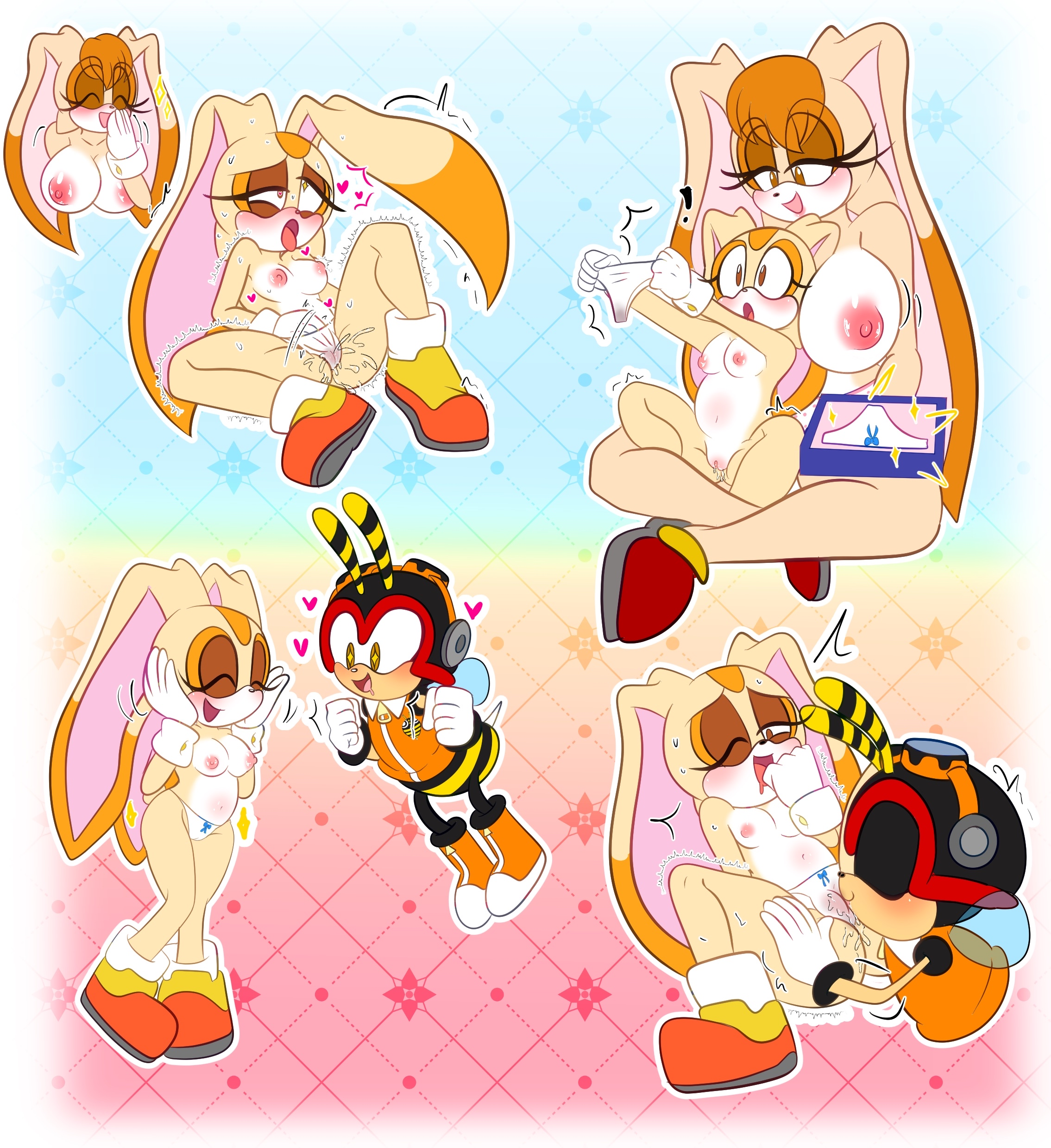 1boy, 2girls, aged up, bee, charmy bee, cream the rabbit, cumming, cunnilingus through clothes, cunnilingus through clothing, demichan, female, interspecies, licking pussy, male, male/female, masturbation, masturbation through clothing, nude, panties, rabbit, sega, sex, sonic (series), sonic the hedgehog (series), underwear, vanilla the rabbit
