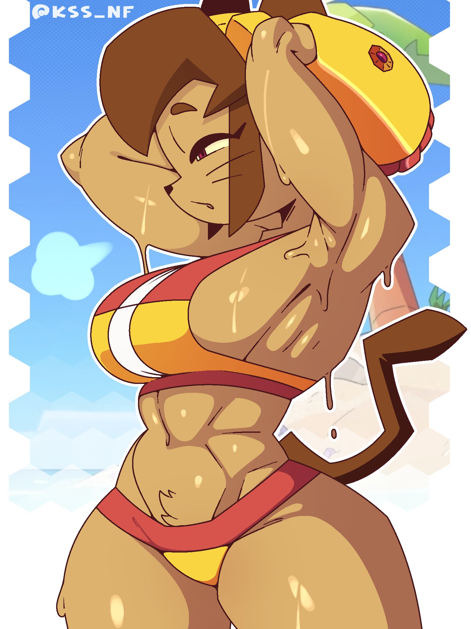 abs, bikini, cat ears, cat tail, catgirl, gameoverse, glitch productions, kit (gameoverse), kit bodega, kss nf, muscular female, solo, sweaty body