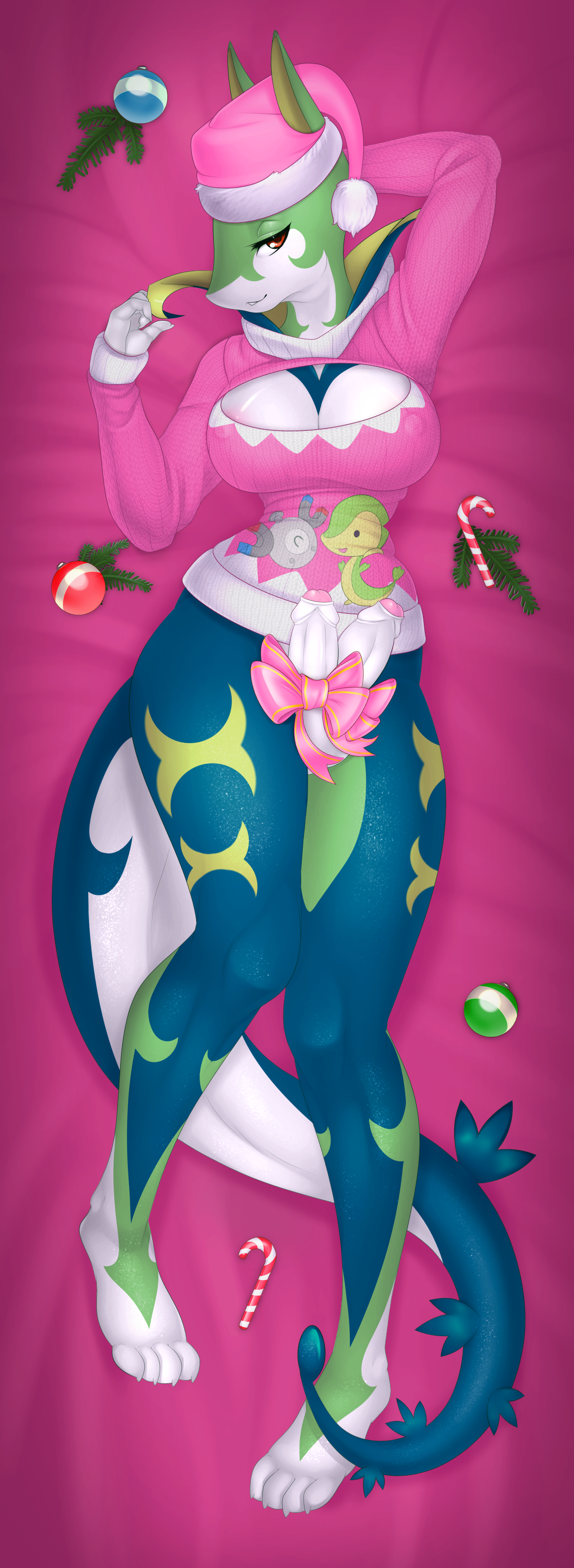 1futa, 4 fingers, 4 toes, anthro, anthro only, anthrofied, balls, bottomless, breasts, christmas, christmas bauble, christmas ornament, christmas sweater, clothed, clothing, dakimakura design, diphallia, diphallism, erection, foreskin, futa only, futanari, hand behind head, hat, holidays, intersex, keyhole turtleneck, looking at viewer, lying, multi genitalia, multi penis, nintendo, nipples, nude, partially retracted foreskin, penis, pink background, pokémon (species), pokemon, pokemon (species), pokemorph, retracted foreskin, santa hat, serperior, shiny pokemon, simple background, solo, sweater, toes, uncircumcised, uncut, valkoinen, video games, white balls