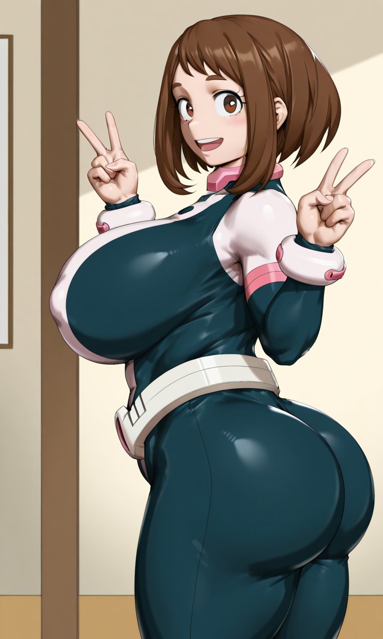 1girls, ai generated, big ass, big breasts, bodysuit, boku no hero academia, brown eyes, brown hair, butt, curvy, curvy body, curvy female, curvy figure, female, female only, huge ass, huge breasts, large ass, large breasts, light skin, light-skinned female, looking at viewer, mature female, my hero academia, ochako uraraka, peace sign, plump, plump ass, shao145, shiny skin, solo, solo female, uravity