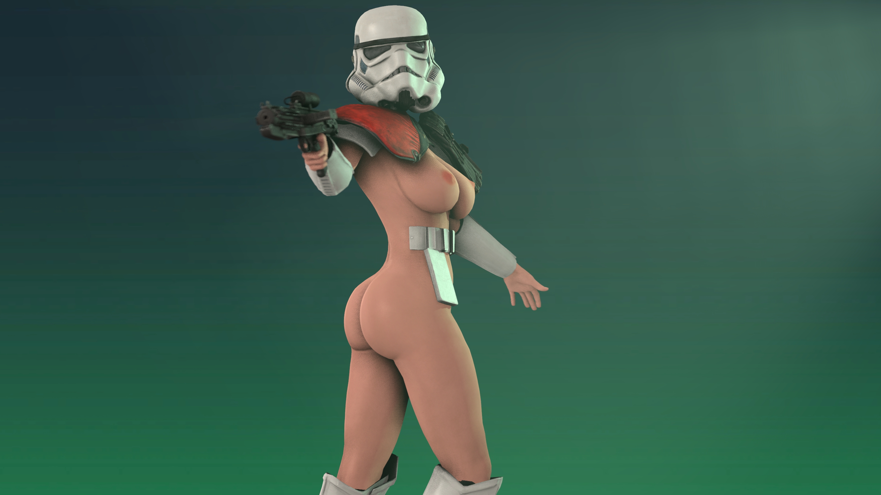 3d, blaster (star wars), faceless character, faceless female, female, female only, female stormtrooper, green background, human, lady trooper, naked, rosafelix, simple background, source filmmaker, star wars, stormtrooper, white skin