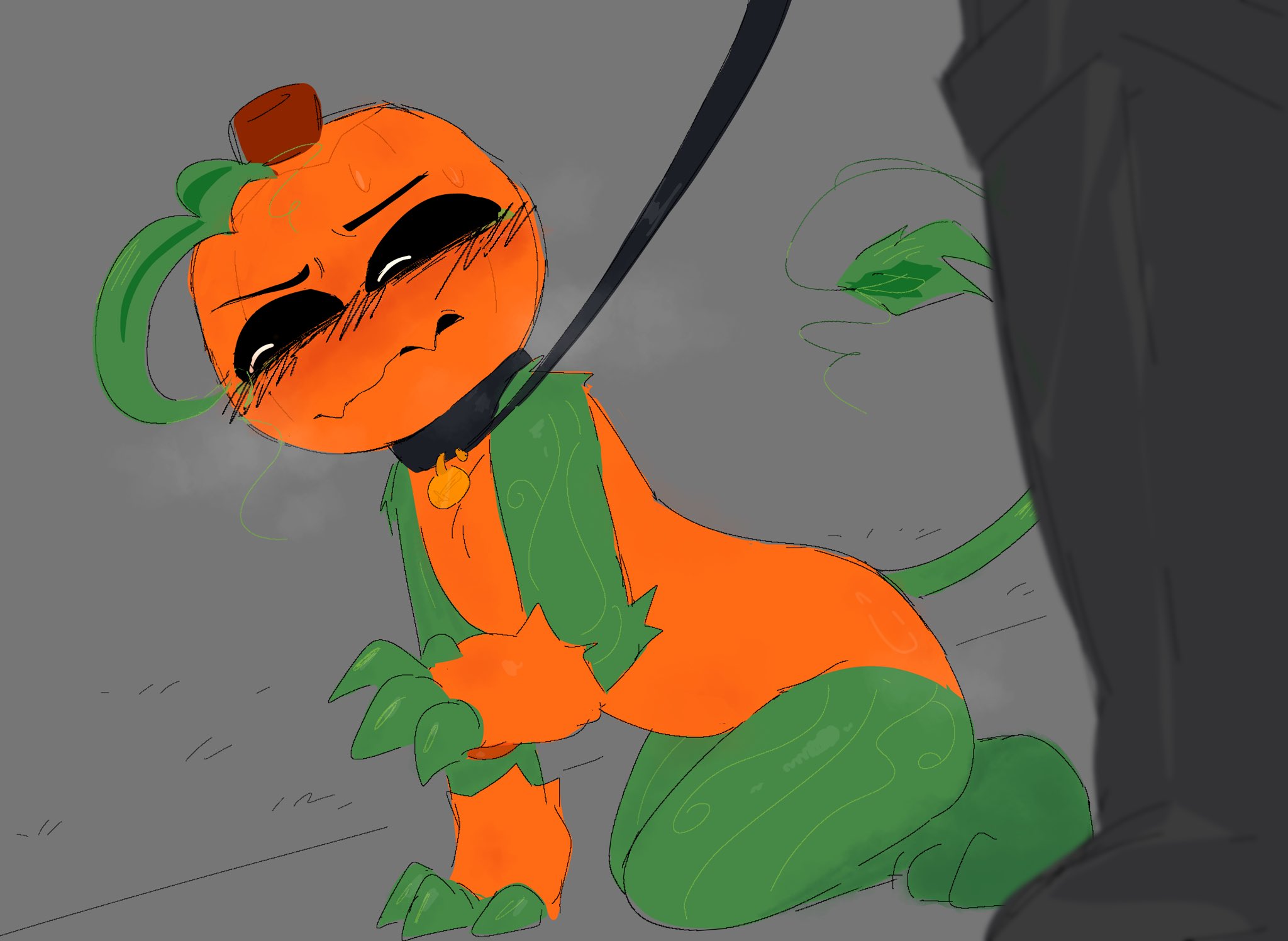2boys, anthro, anthro only, blush, blush lines, blushing, claws, collar, collar bell, crawling, cub, dandy's world, dandys world, deadtoons, embarrassed, embarrassed expression, embarrassed male, gourdy (dandy's world), green claws, hair, kink, kinky, knight, knight armor, leaf hair, leaf tail, leash, leash and collar, leashed, leashed collar, leashed male, looking away, looking away from partner, male, male only, mascot horror, musk, musk clouds, off screen character, off screen male character, on ground, on knees, orange body, pageeeeeeee, pawpads, paws, petplay, pumpkin, pumpkin head, roblox, soulvester, soulvester (dandy's world), submissive, submissive anthro, submissive male, sweat, sweating, tail, young, young male, younger male