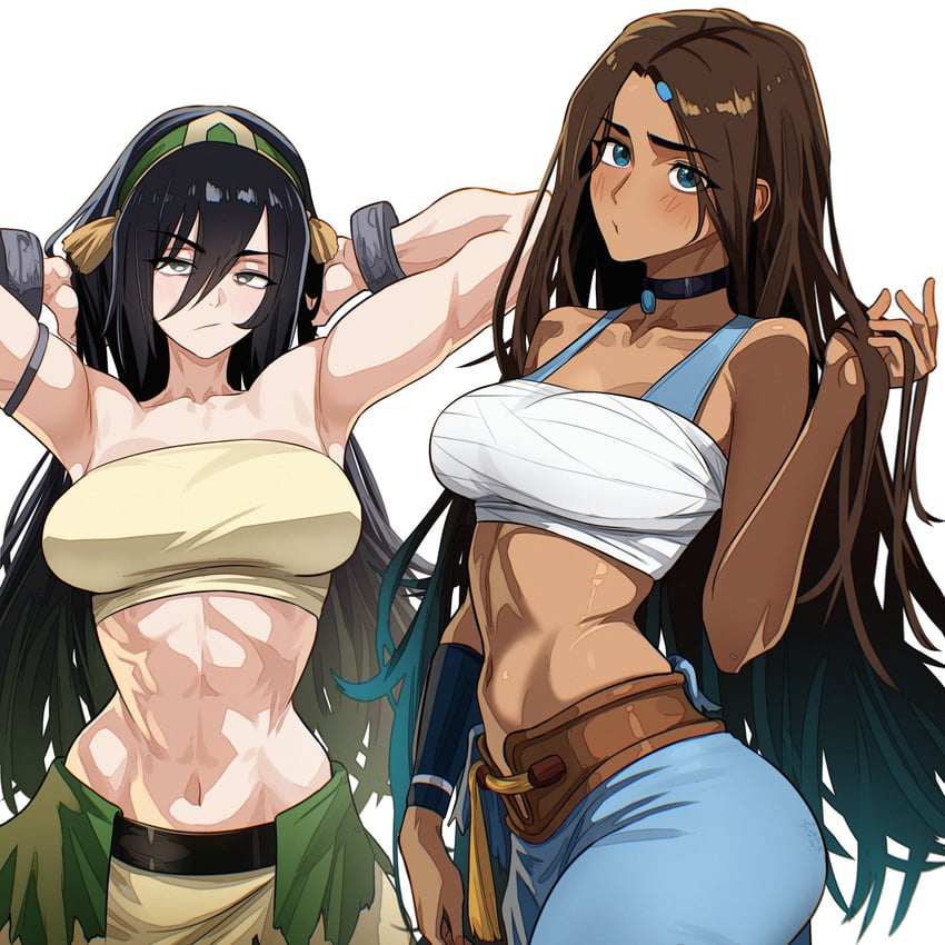 2026, 2girls, abs, armpits, arms behind head, arms up, athletic female, avatar the last airbender, belly, belly button, black hair, blue eyes, blush, bracelets, brown hair, choker, cute, dark-skinned female, earth kingdom, eyebrows, eyebrows visible through hair, female, female only, friends, hair down, katara, light-skinned female, long hair, midriff, muscles, muscular female, playing with hair, pout, six pack, standing, tan body, the legend of aang, thin waist, toned female, toph bei fong, upper body, very long hair, vlizz, water tribe, white background, young adult