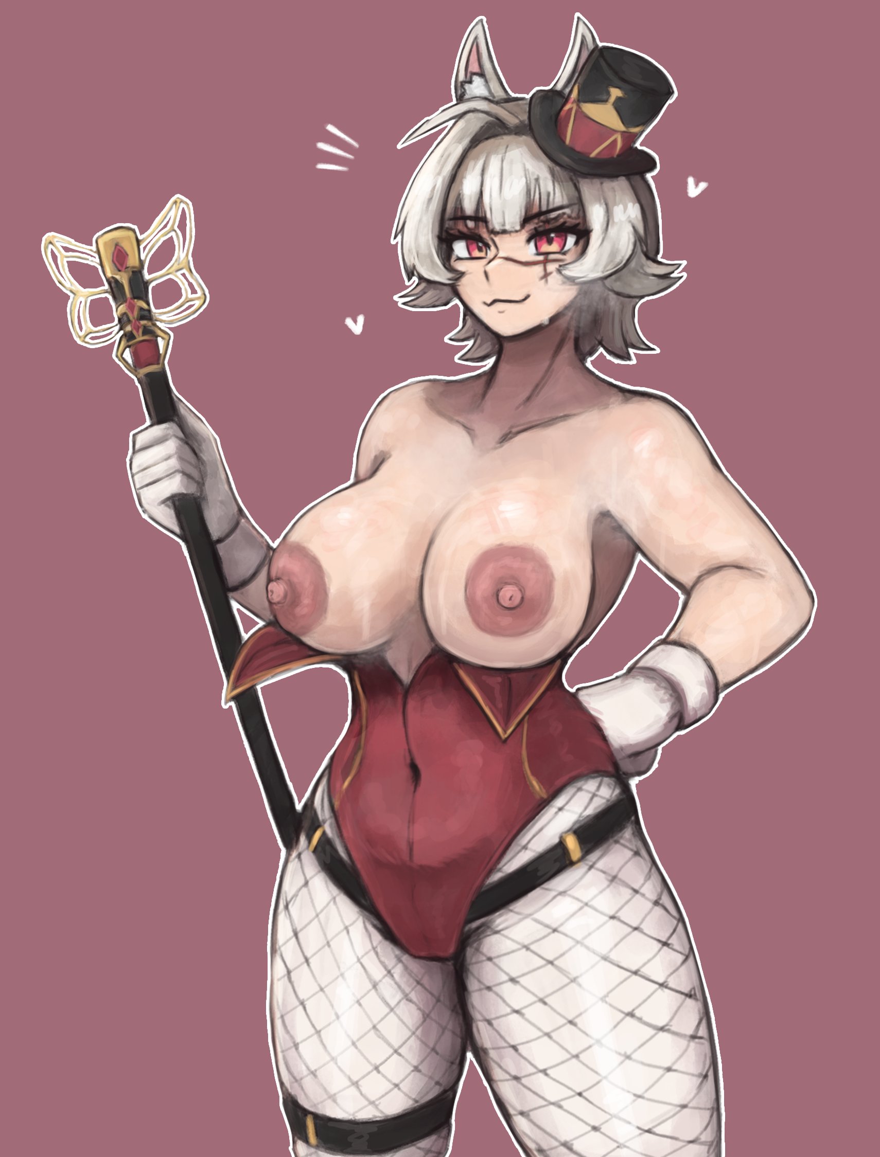 1girls, animal ears, areolae, big breasts, breasts, breasts out, closed mouth, female, female only, fishnet legwear, fishnets, frostwallart, gloves, hat, headwear, holding object, indie virtual youtuber, large areolae, leotard, light skin, light-skinned female, medium hair, nipples, red eyes, ringmaster outfit, saruei (vtuber), scar, scar across eye, scar across nose, scar on face, solo, standing, virtual youtuber, vtuber, white gloves, white hair