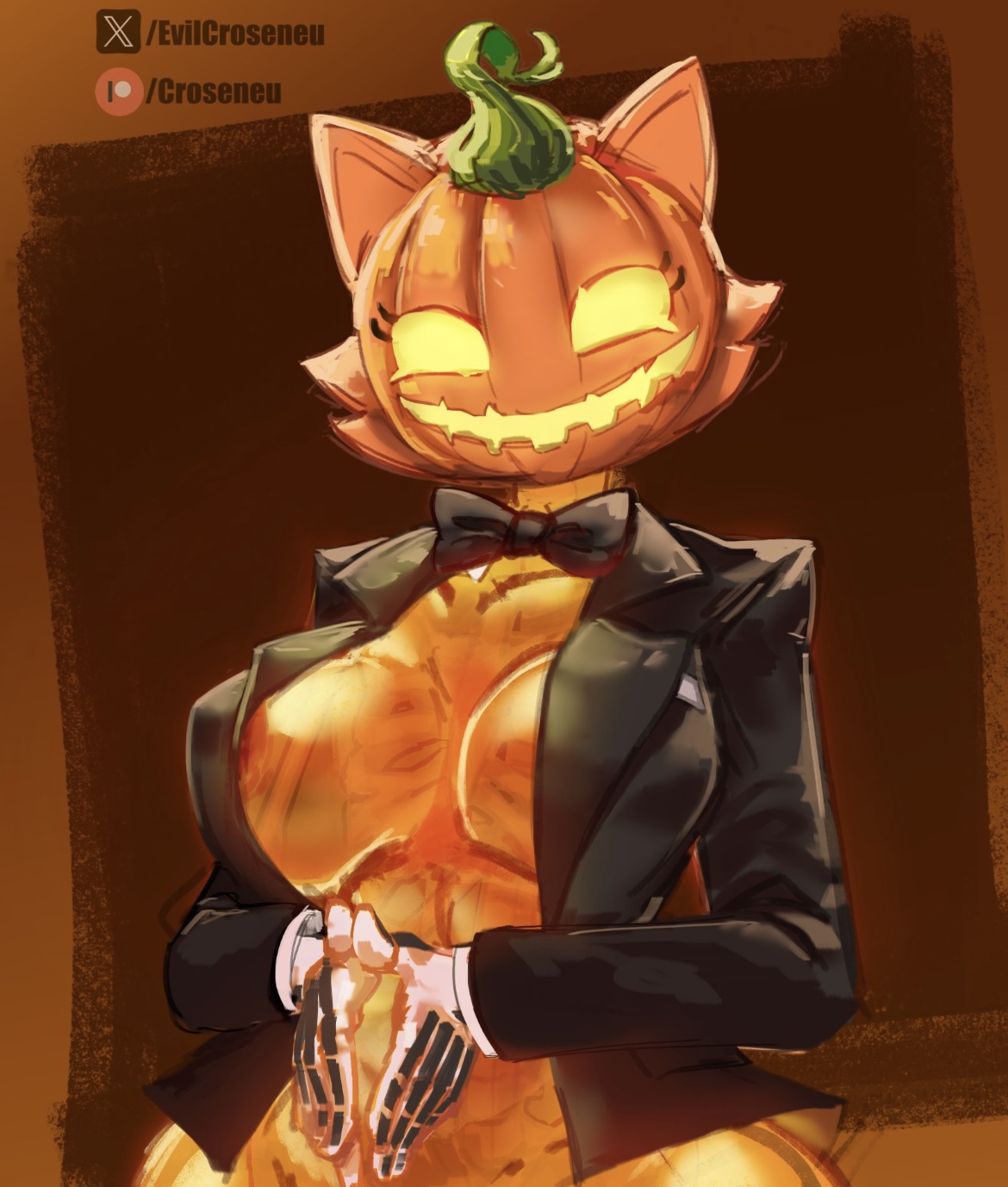 1girls, areolae peeking, big breasts, blazer, bowtie, breasts, breasts peeking out of shirt, cat ears, cleavage, croseneu, fortnite, fortnitemares, gloves, glowing eyes, halloween, jack-o'-lantern, jacket, jacket only, no visible genitalia, orange body, pumpkin, pumpkin head, spice (fortnite), tuxedo