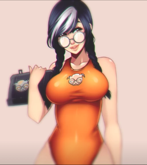 1girls asian_female big_breasts black_hair blurry braided_hair brown_eyes dokkaebi_(rainbow_six) female female_only glasses korean_female law-zilla orange_clothing plain_background rainbow_six rainbow_six_siege skin_tight smile smiling solo swimsuit tablet tagme tom_clancy