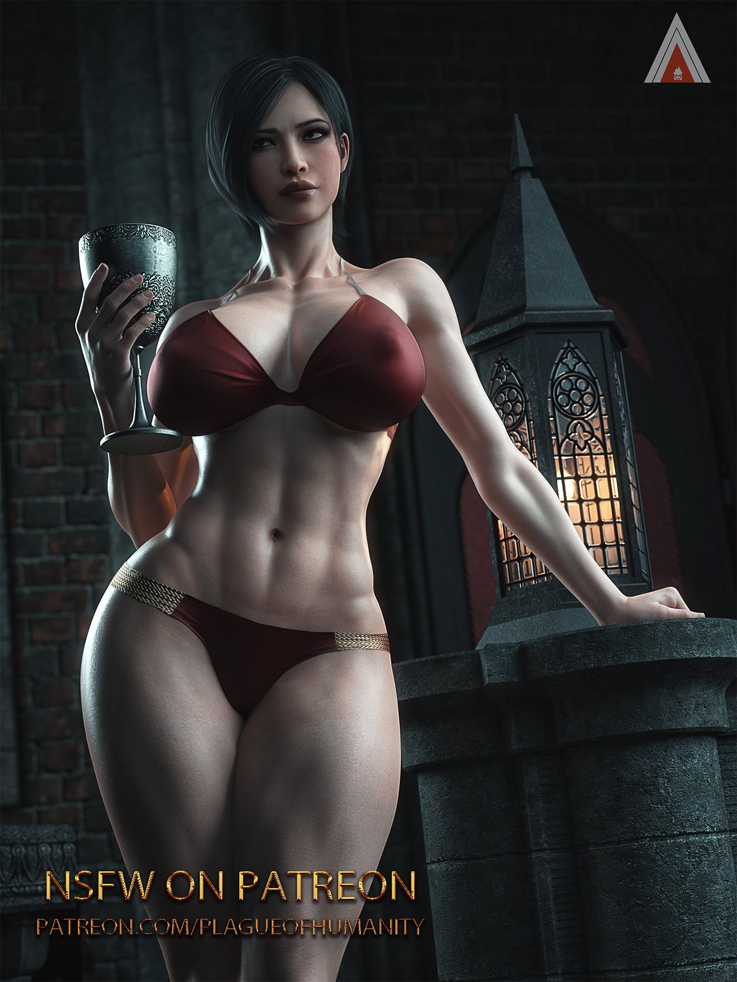 1girls, 3d, 3d (artwork), abs, ada wong, alternate body type, beautiful woman, big ass, big breasts, big lips, big thighs, black hair, black hair female, breasts, brick wall, bust, busty, capcom, chalice, church interior, curvaceous, curvy, curvy figure, female, fit, fit female, front view, hips, holding chalice, holding glass, holding object, huge ass, huge breasts, large ass, large breasts, leaning to the side, light skin, light-skinned female, lips, lowleg panties, mature, mature female, mature woman, muscular thighs, nipple bulge, patreon url, plague of humanity (artist), red clothing, red panties, resident evil, resident evil 2, resident evil 4, short hair, short hair female, slim waist, standing, thick, thick hips, thick legs, thick thighs, thighs, toned female, toned stomach, url, voluptuous, voluptuous woman, waist, watermark, wide hips