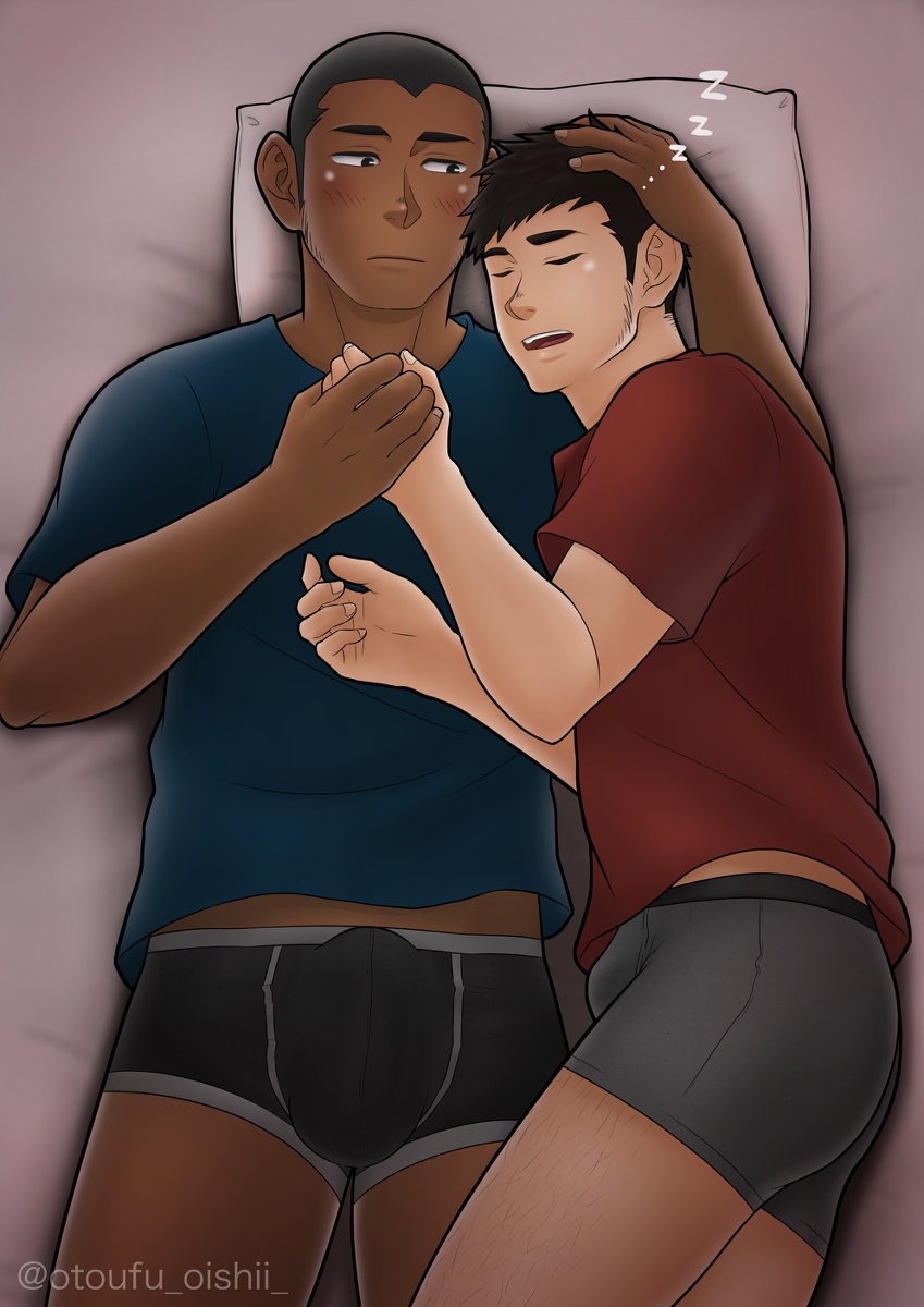 2boys bed bed_sheet black_underwear blush boxer_briefs briefs bulge closed_eyes clothed gay grey_underwear hairy_legs human human_only male male/male male_focus male_only multiple_boys original otoufu_oishii pillow sleeping spiked_hair tan underwear yaoi